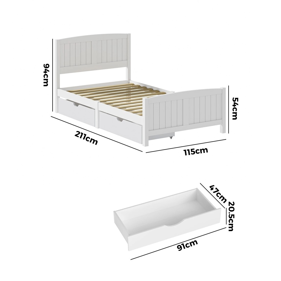 5 Oikiture Wooden Bed Frame King Single Base With Trundle Storage Drawers
 - White, 5 of 8