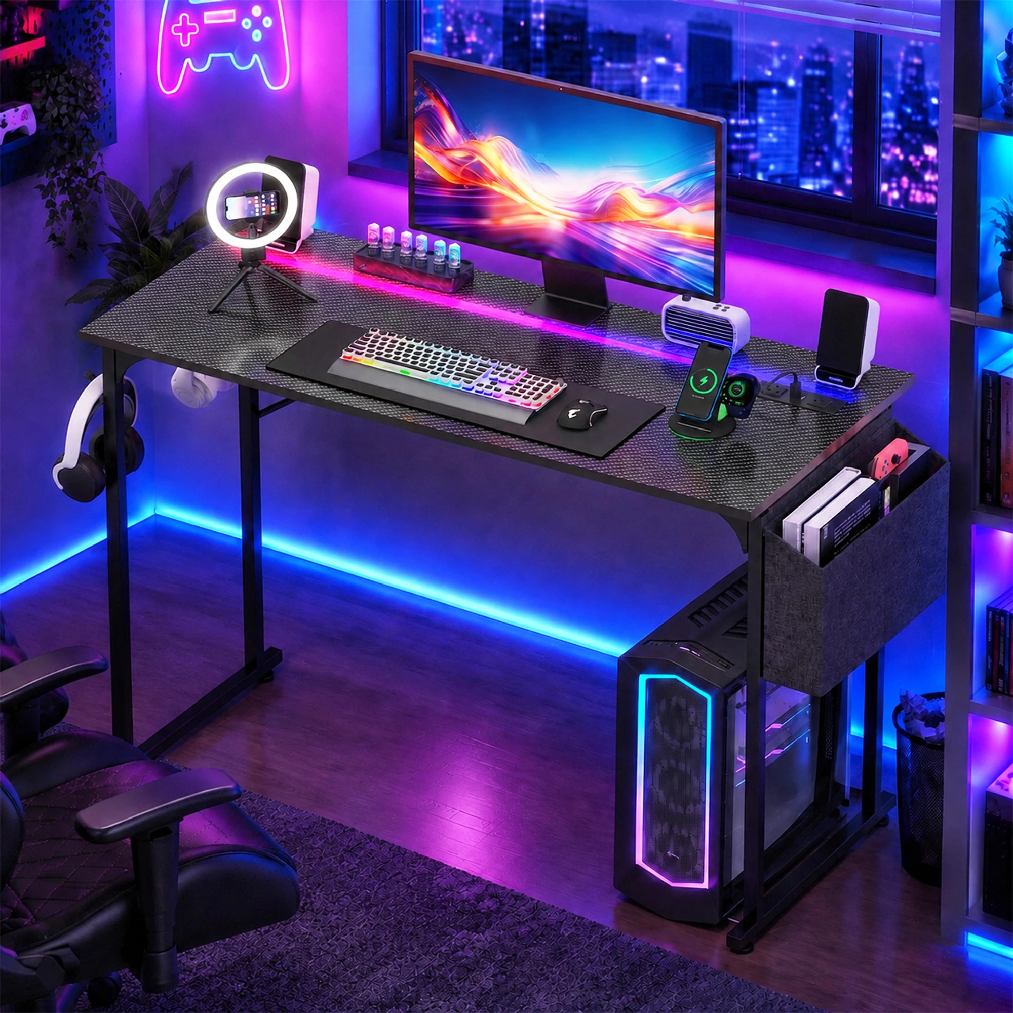 Advwin 100cm LED Gaming Desk w/ Power Outlets Carbon Fiber Small ...