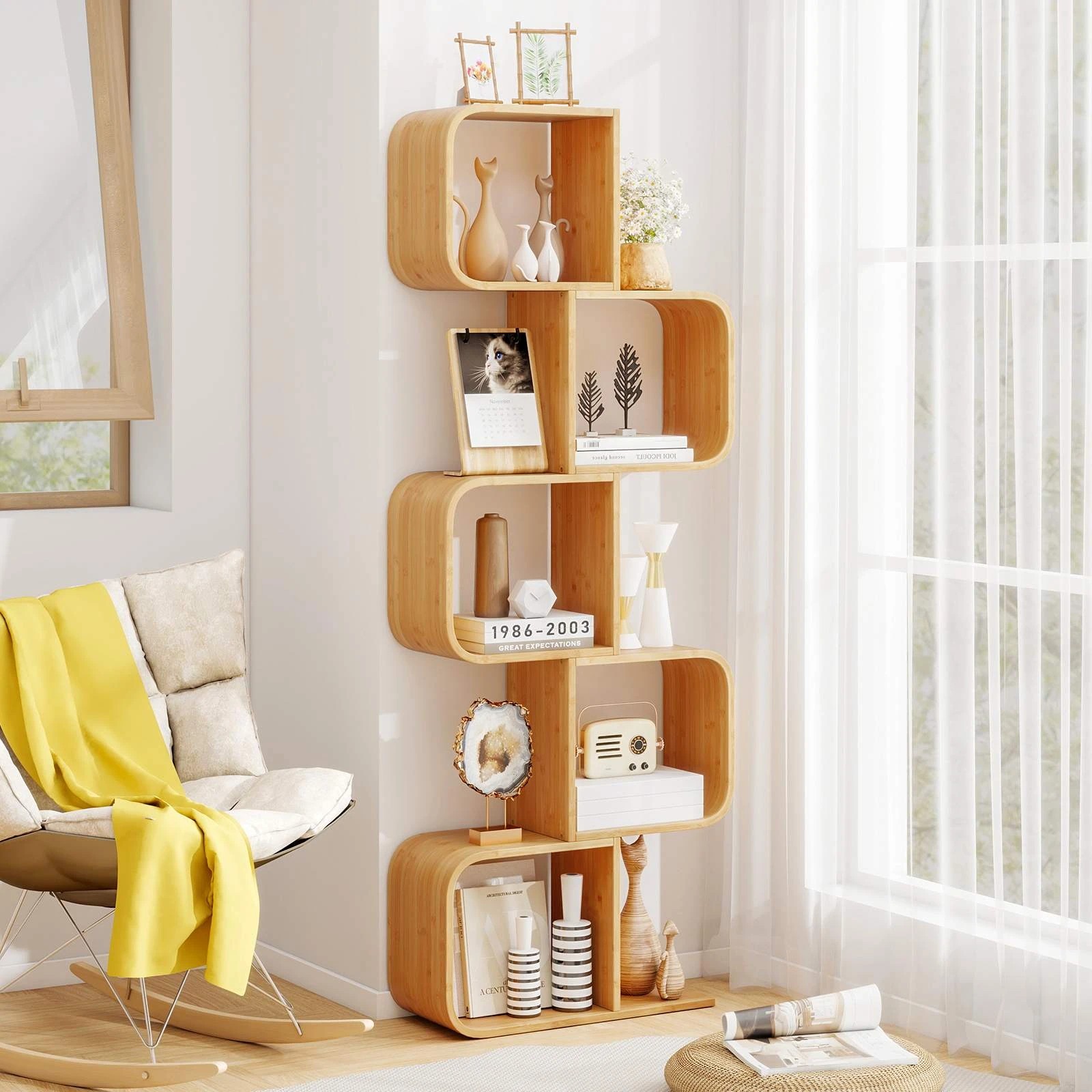 2 Costway S-Shaped Bookcase Bamboo Bookshelf w/5 Cubes Geometric Corner Storage Display Shelf Stand - Natural, 2 of 5