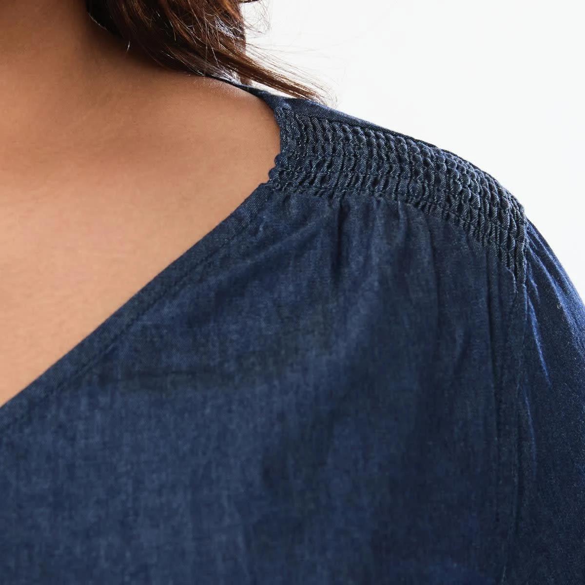 6 Curve Long Sleeve Shirred Shoulder Top DARK DENIM WASH, 6 of 6