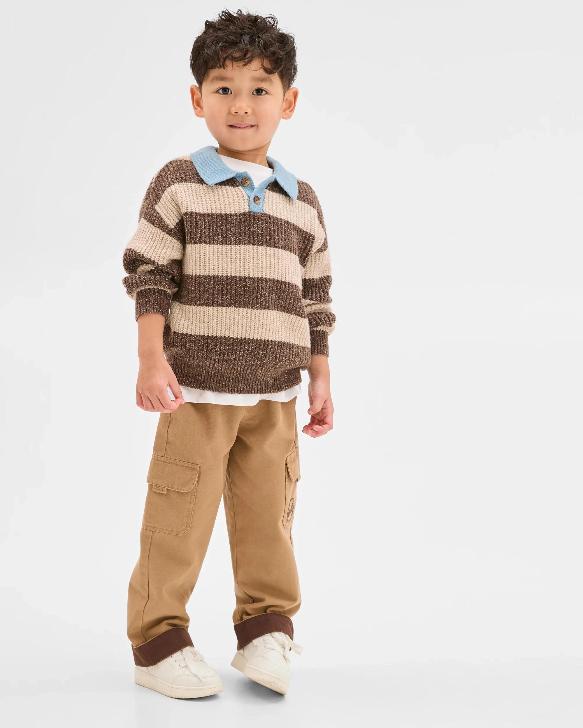 4 Target Kids Long Sleeve Striped Knit Polo Top BROWN, 4 of 6