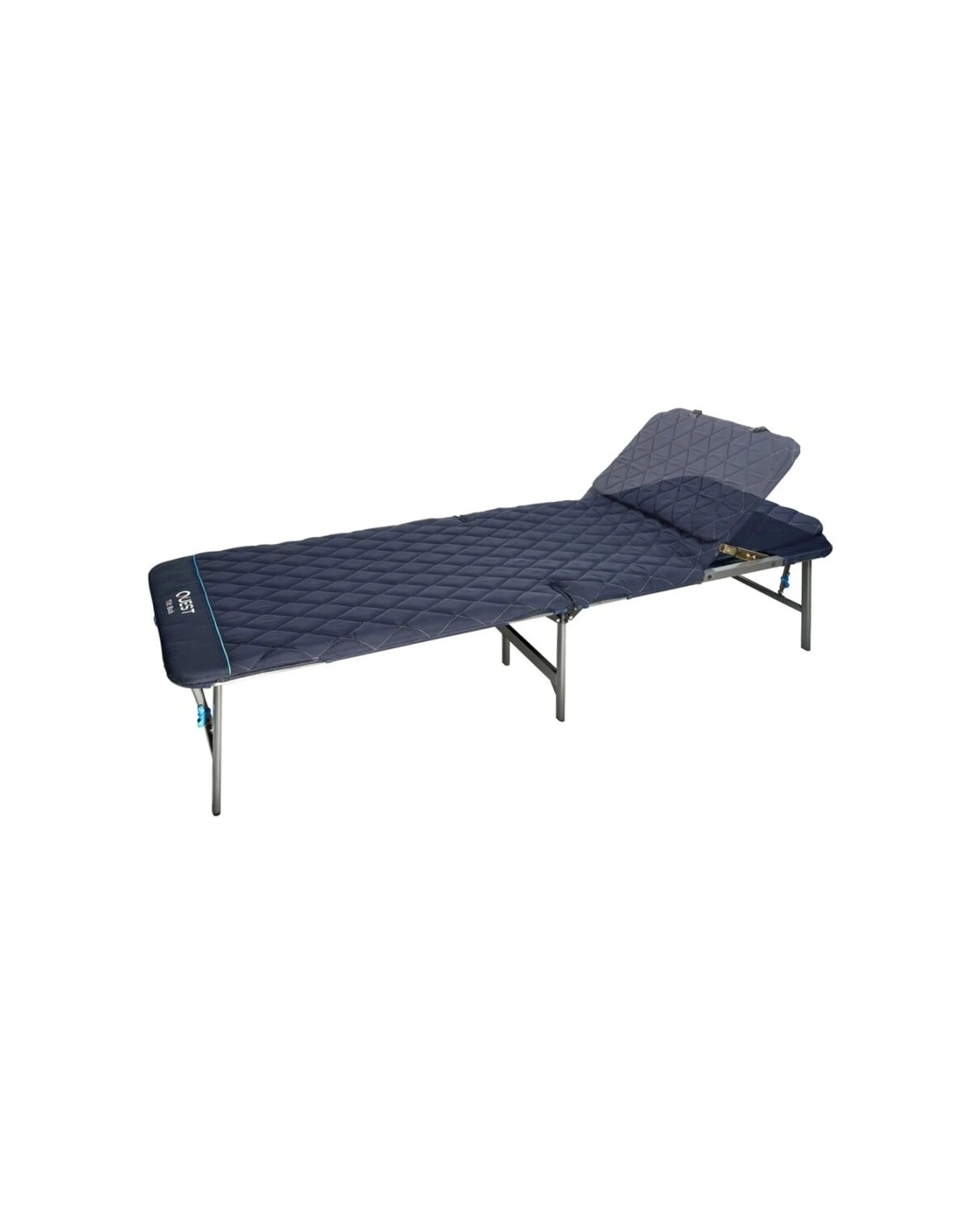 1 Quest Outdoors Flat Fold Camping Bed Tilt Back Steel Frame 150 kg Capacity - Blue, 1 of 8