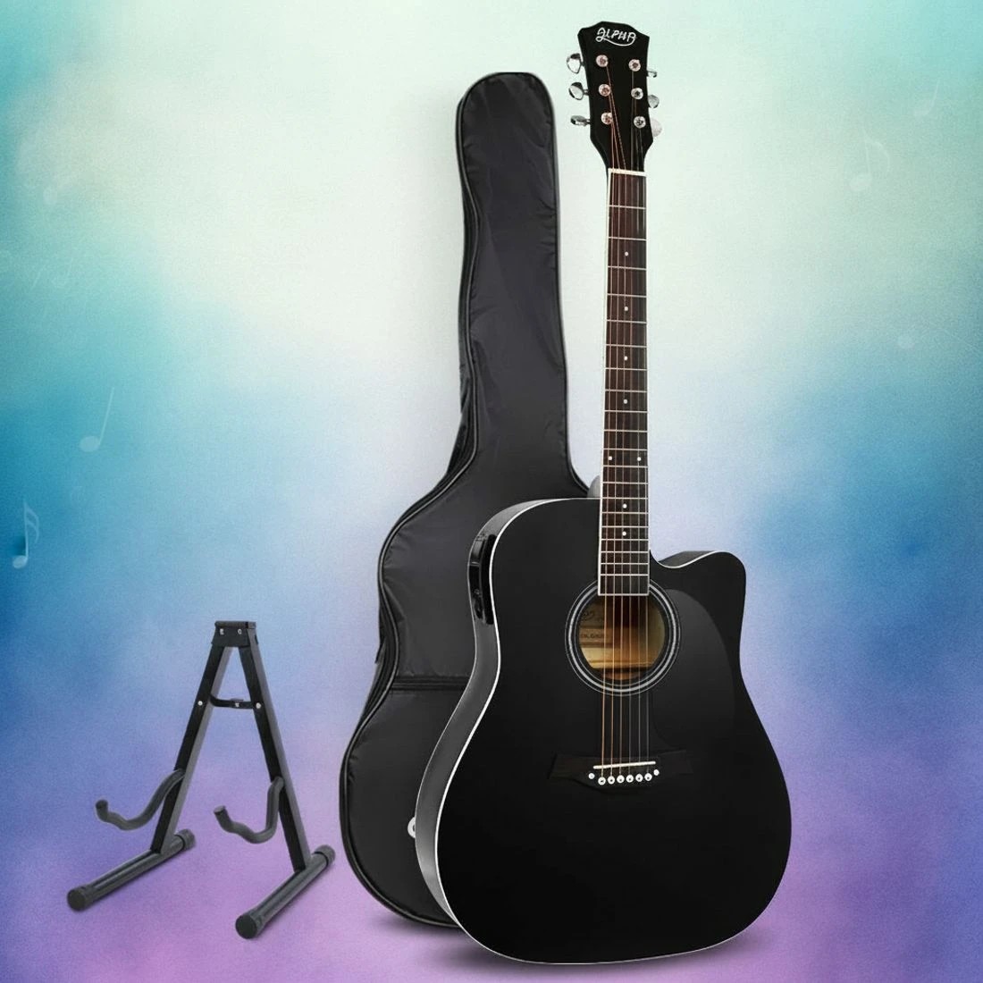 7 Alpha 41 Inch Acoustic Guitar Equaliser Electric Output Cutaway w/ Stand - Black, 7 of 7
