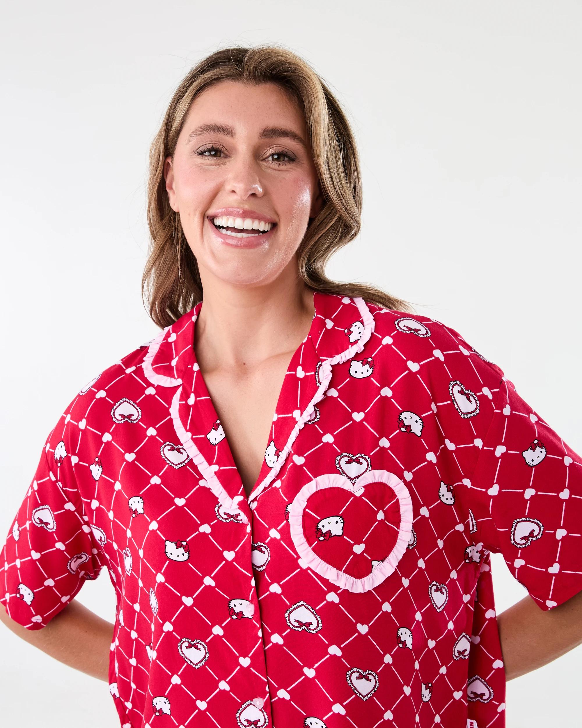 4 Hello Kitty License Frill Short Sleeve Top and Shorts Woven Boxy Pyjama Set Kitt Heart, 4 of 10