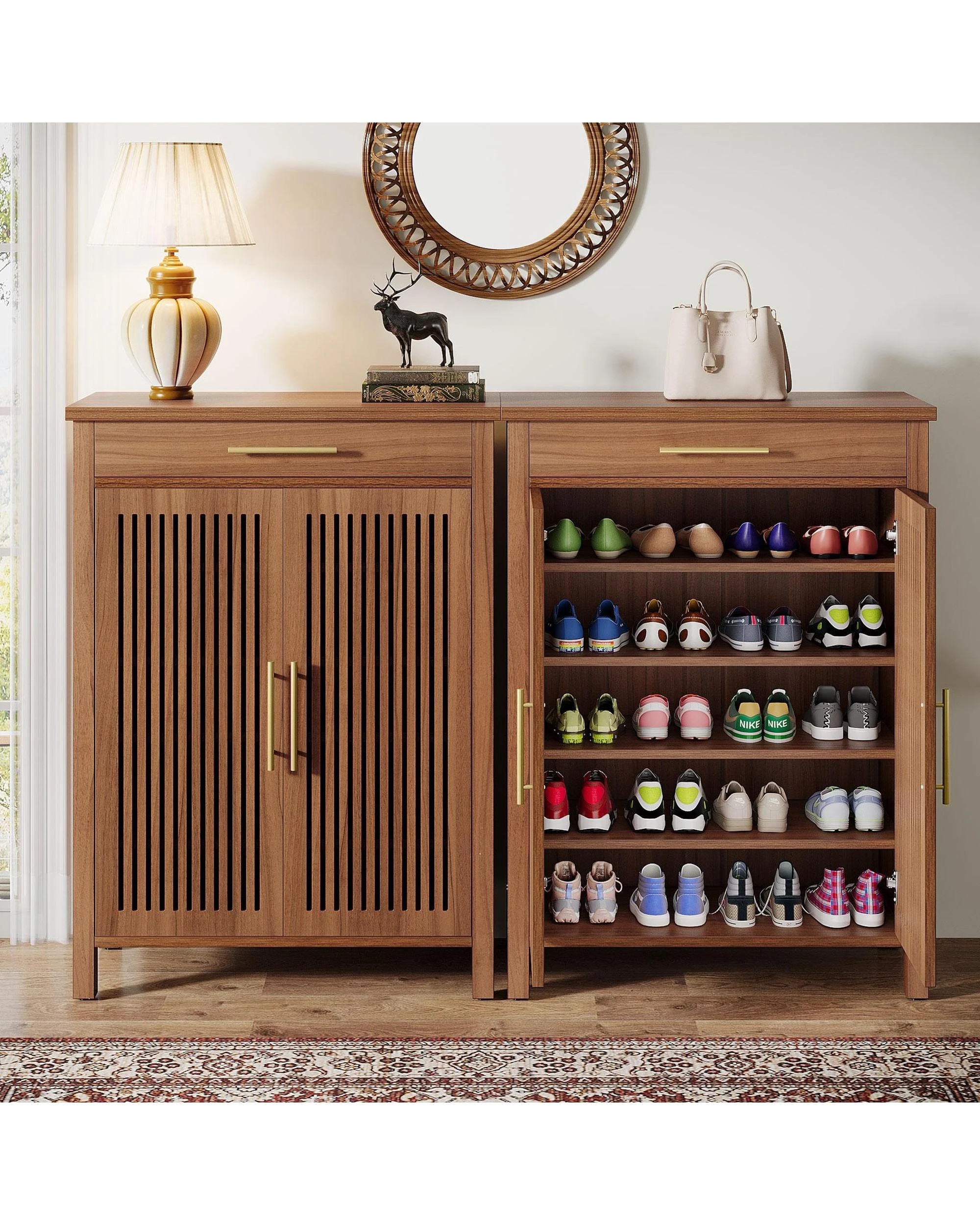 4 OAKORY 5-Tier Shoe Cabinet with Adjustable Shelves, Louvered Doors and Top Drawer in Rustic Brown, 4 of 5
