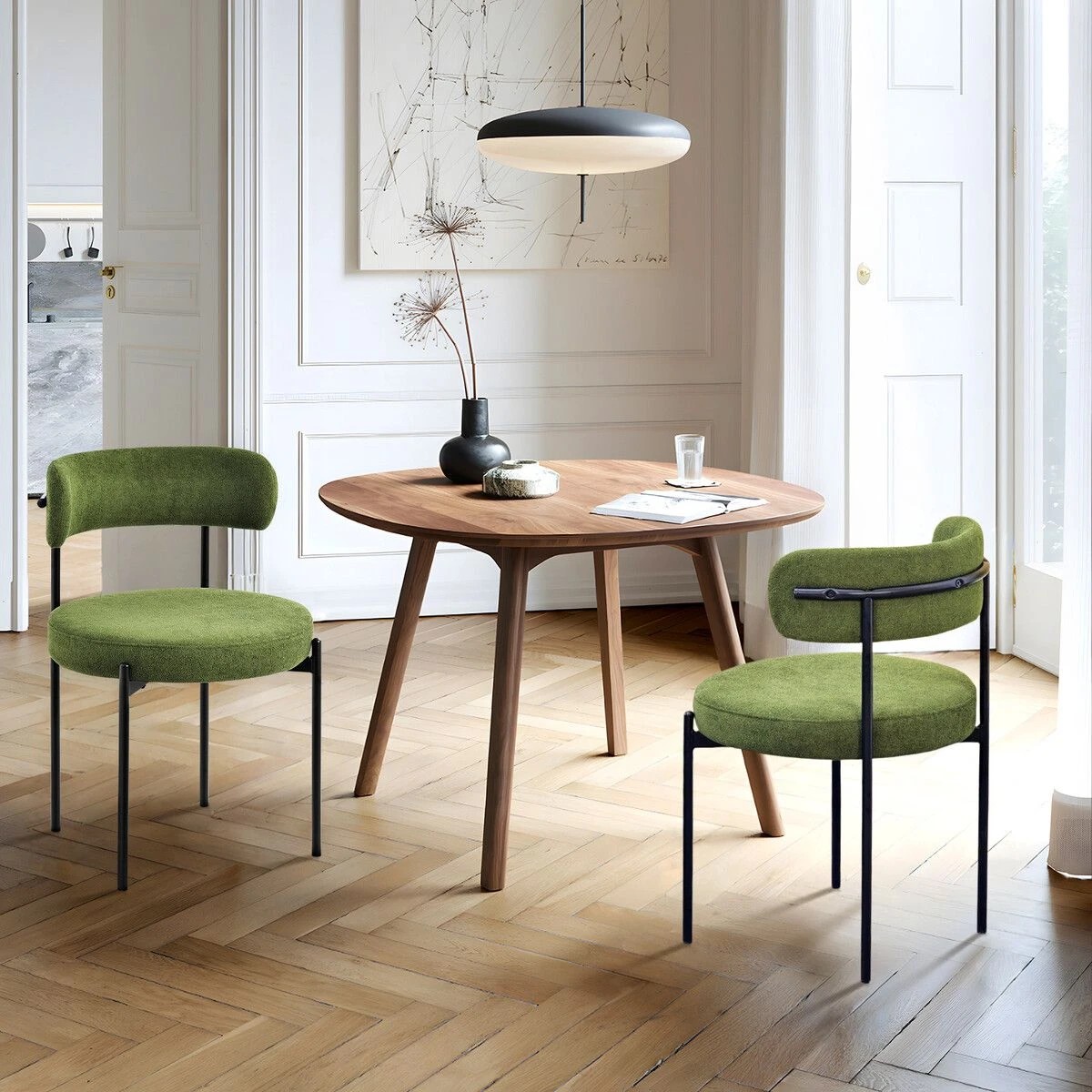 2 Ausway 2Pcs Green Dining Chair Set Round Sherpa Upholstered Boucle Fabric, 2 of 6