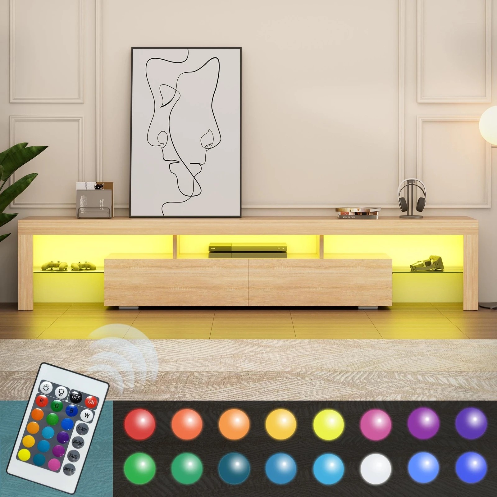 3 Alfordson Entertainment Unit 200cm TV Stand LED Light Storage Drawer - Oak, 3 of 10