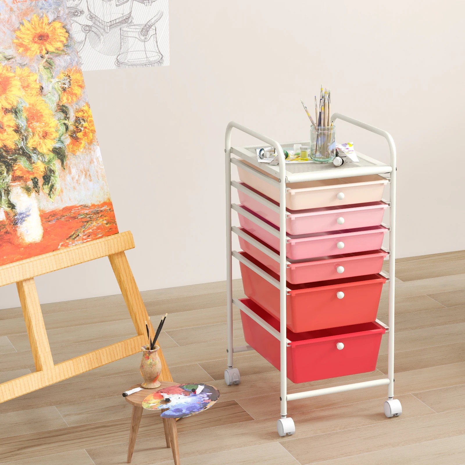 6 Costway 6 Drawers Rolling Storage Cart Mobile Utility Trolley - Pink, 6 of 7
