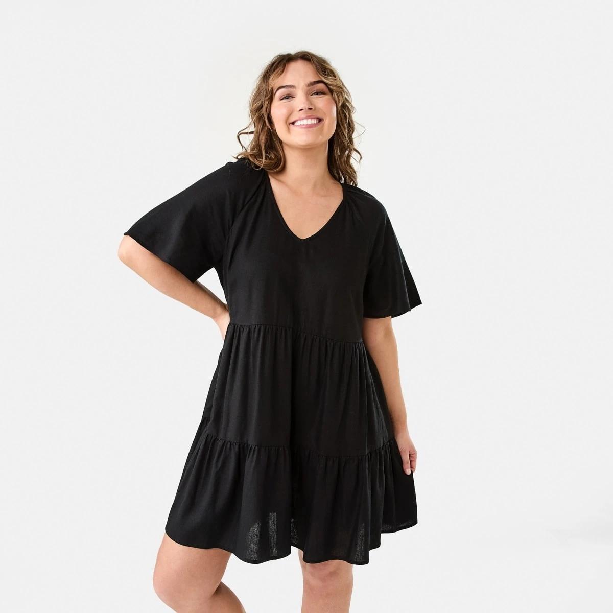 1 Short Sleeve Linen Blend Tiered Mini Dress BLACK, 1 of 9