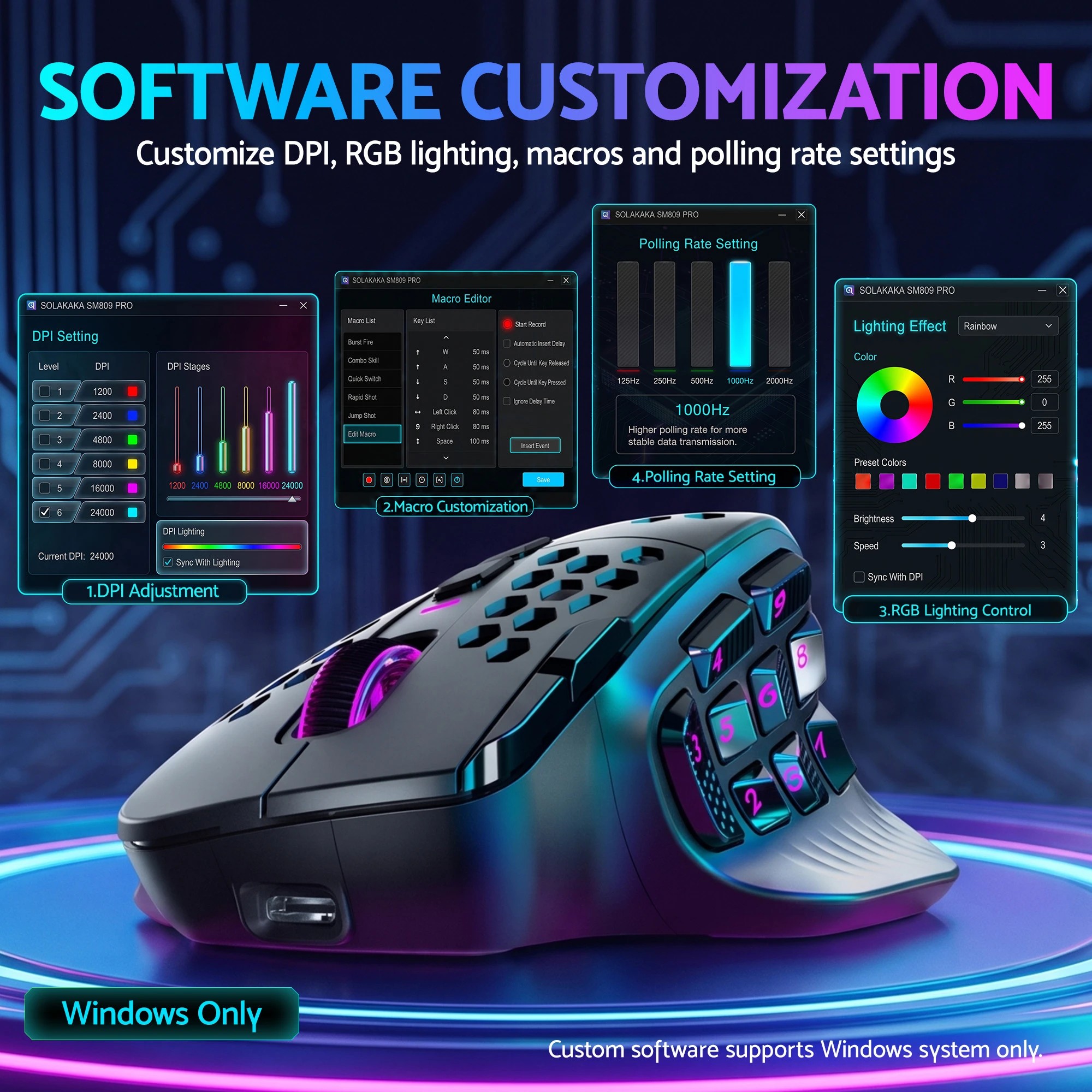6 Solakaka Wireless MMO Gaming Mouse 16 Buttons Bluetooth 24000 DPI RGB - Black, 6 of 10