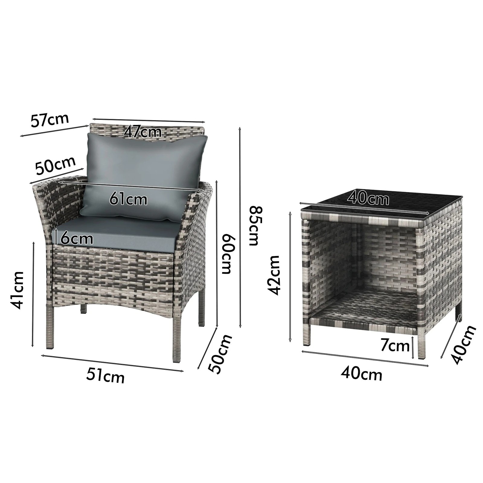 7 Alfordson Outdoor Furniture 3PCS Wicker Bistro Set Patio Chairs Table With Pillow - Mixed Grey, 7 of 10