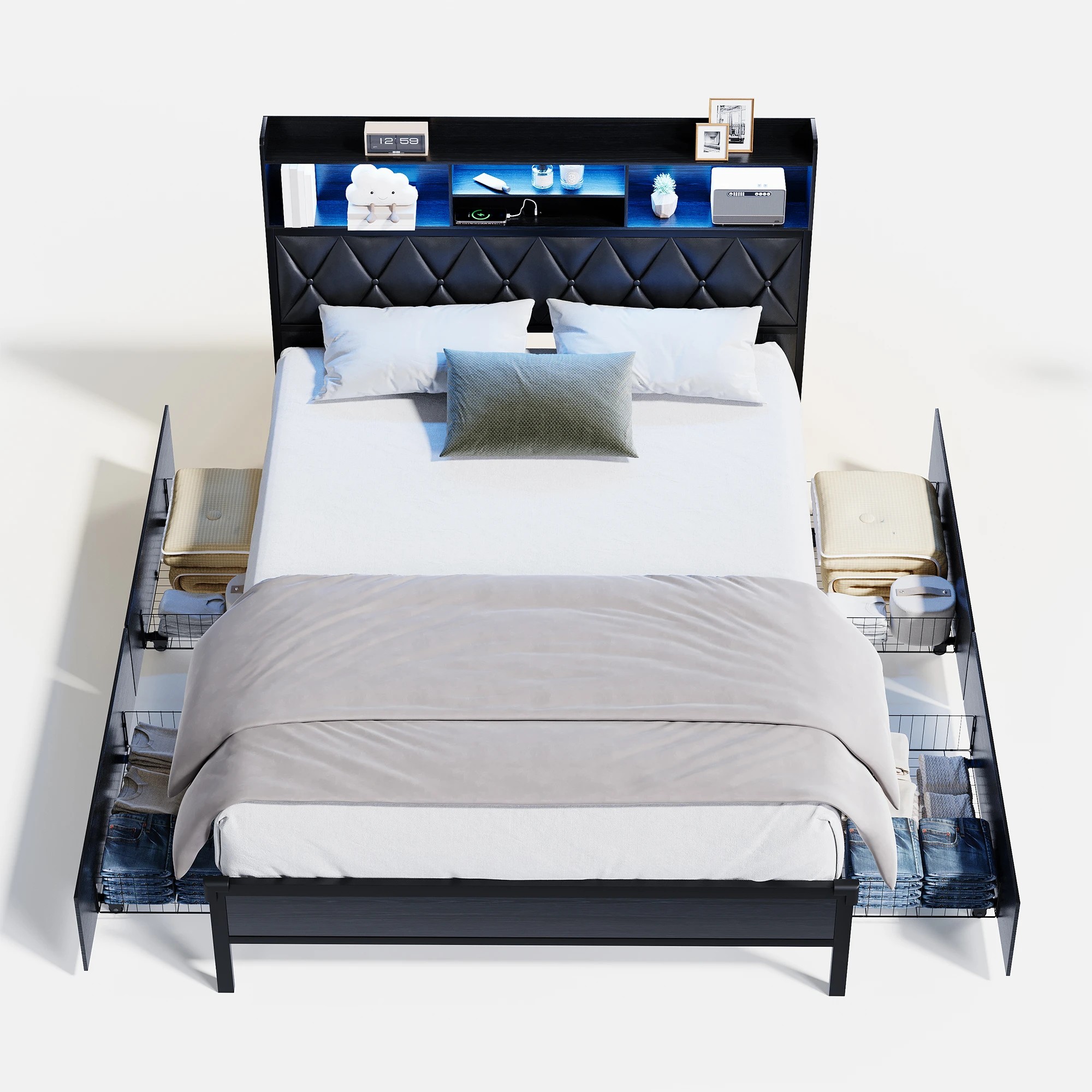 1 Advwin Queen Bed Frame with 4 Storage Drawers and Charging Station - Black, 1 of 9