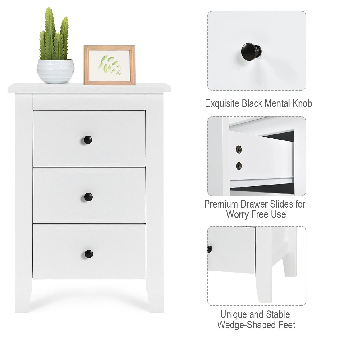 5 Costway 2x Bedside Tables Nightstand w/3 Drawers - White, 5 of 6