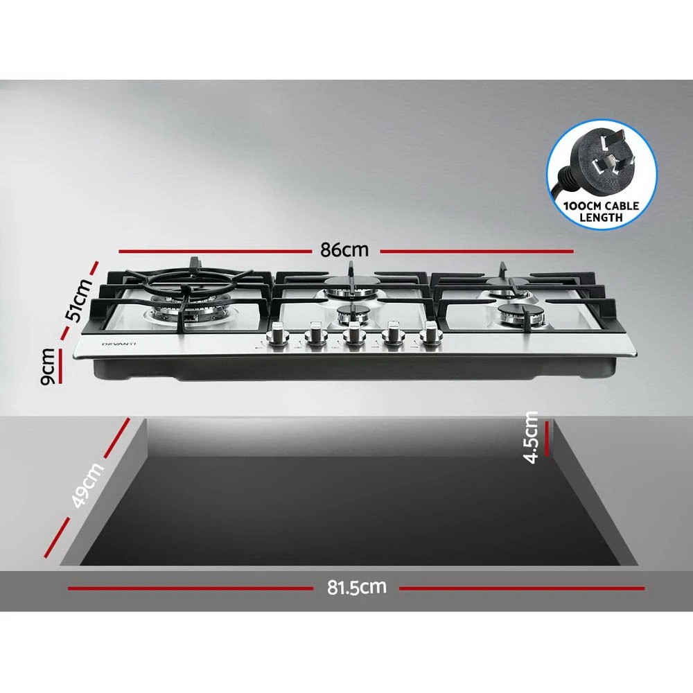 2 Devanti Gas Cooktop 90cm 5 Burner Silvir - Silver, 2 of 7