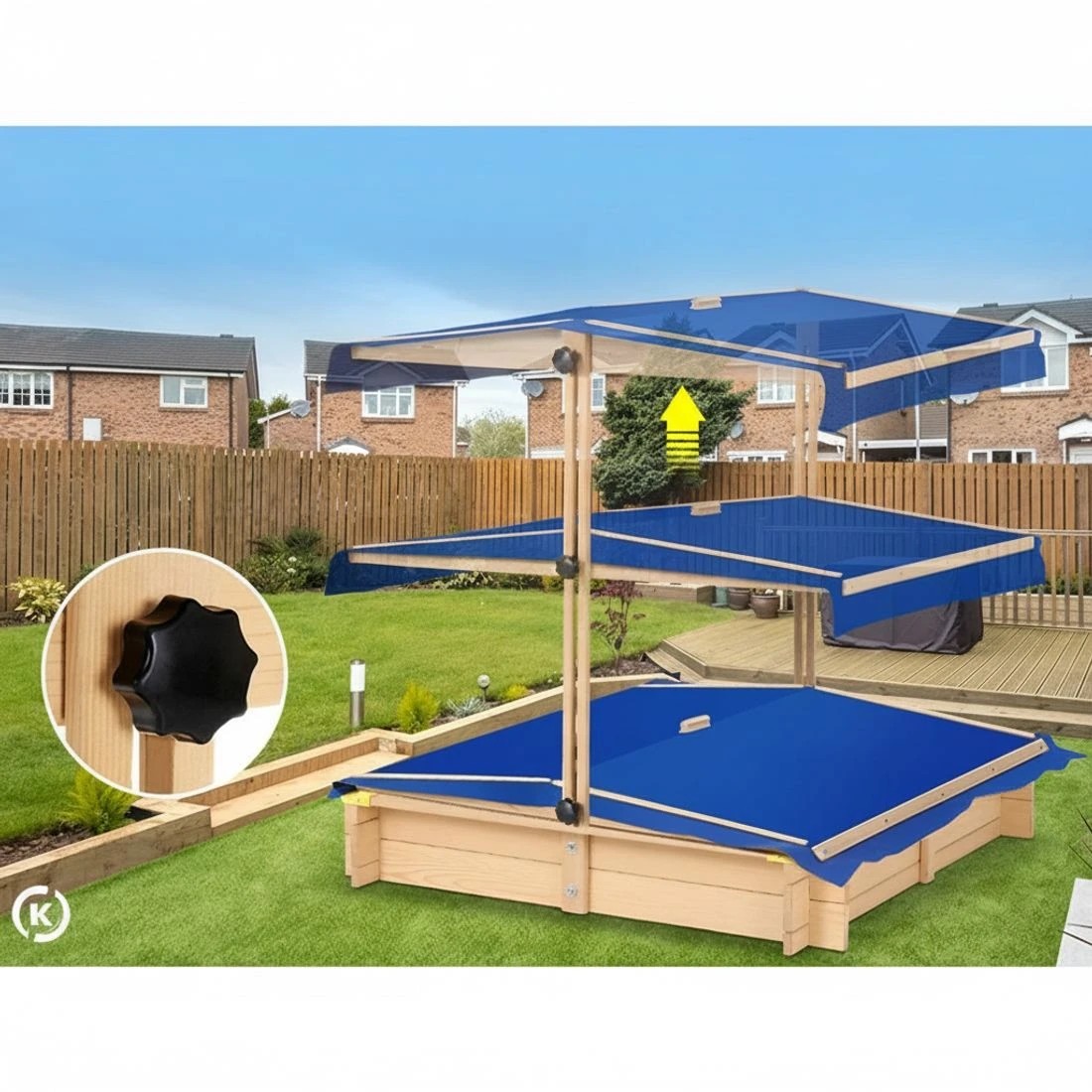 7 Keezi Kids Sandpit Wooden Sandbox Sand Pit with Canopy Bench Seat Toys 101cm - Natural, 7 of 10