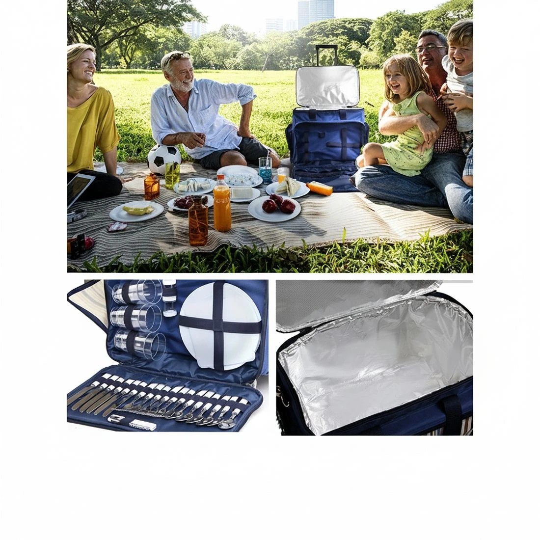 5 Alfresco 6 Person Picnic Basket Set Bag Wheels Insulated Trolley - Brown, 5 of 7