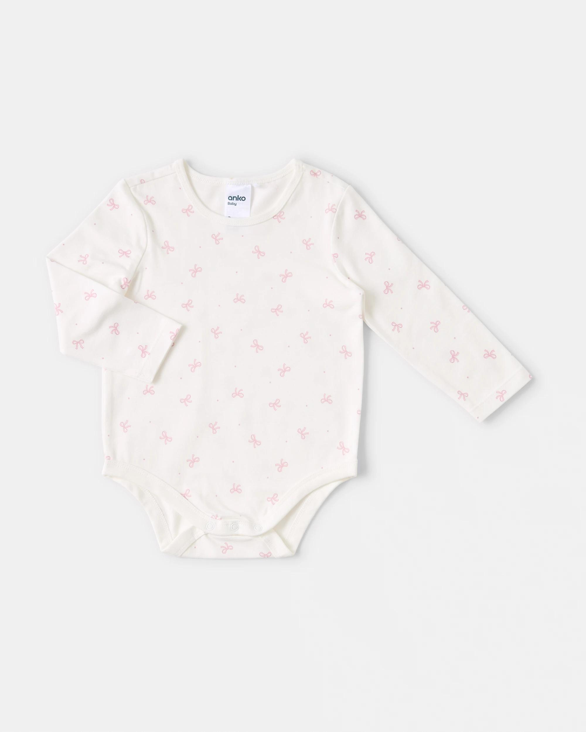 5 3 Pack Cotton Long Sleeve Bodysuits Pink Bows, 5 of 8