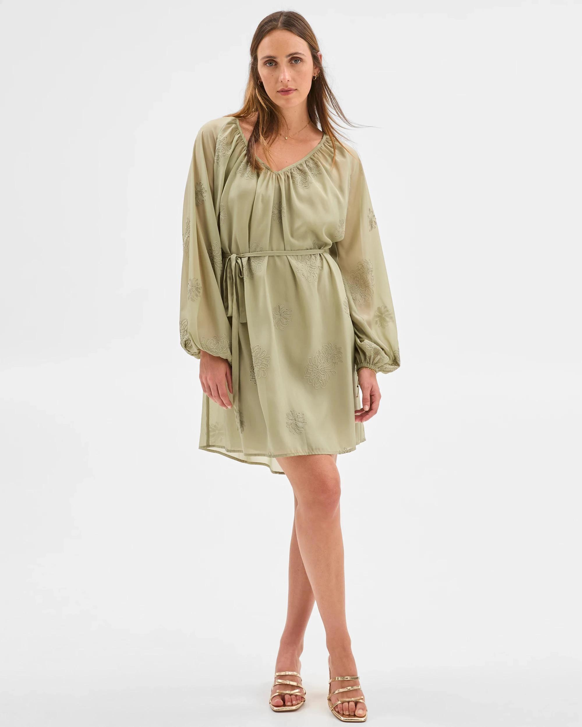 1 Preview Long Sleeve Embroidered Detail Mini Dress MOSS, 1 of 6