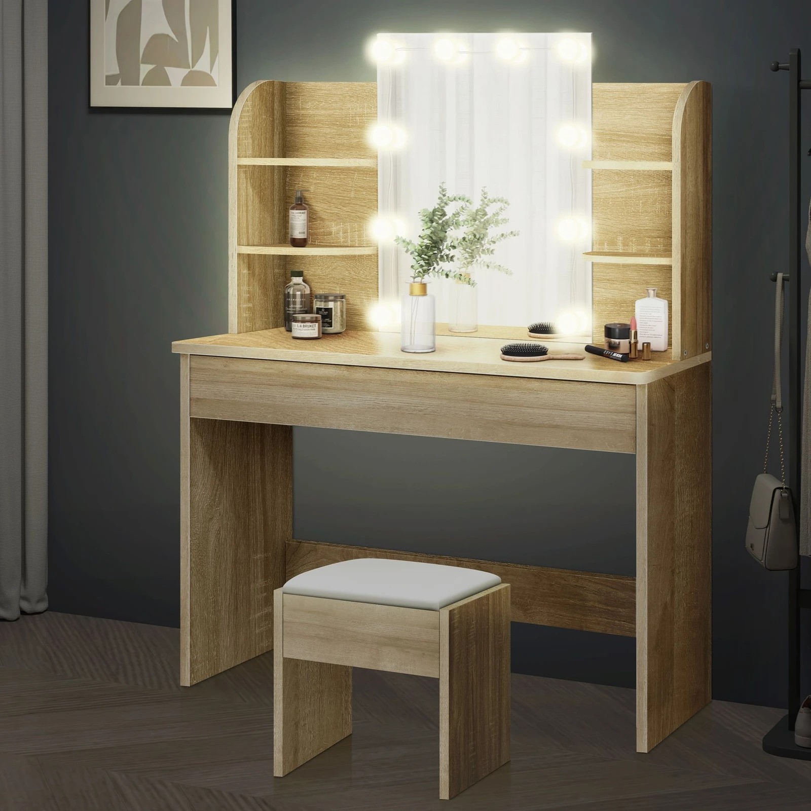 3 Alfordson Dressing Table Stool Set Makeup Mirror Vanity Desk LED Bulbs - Wood, 3 of 10