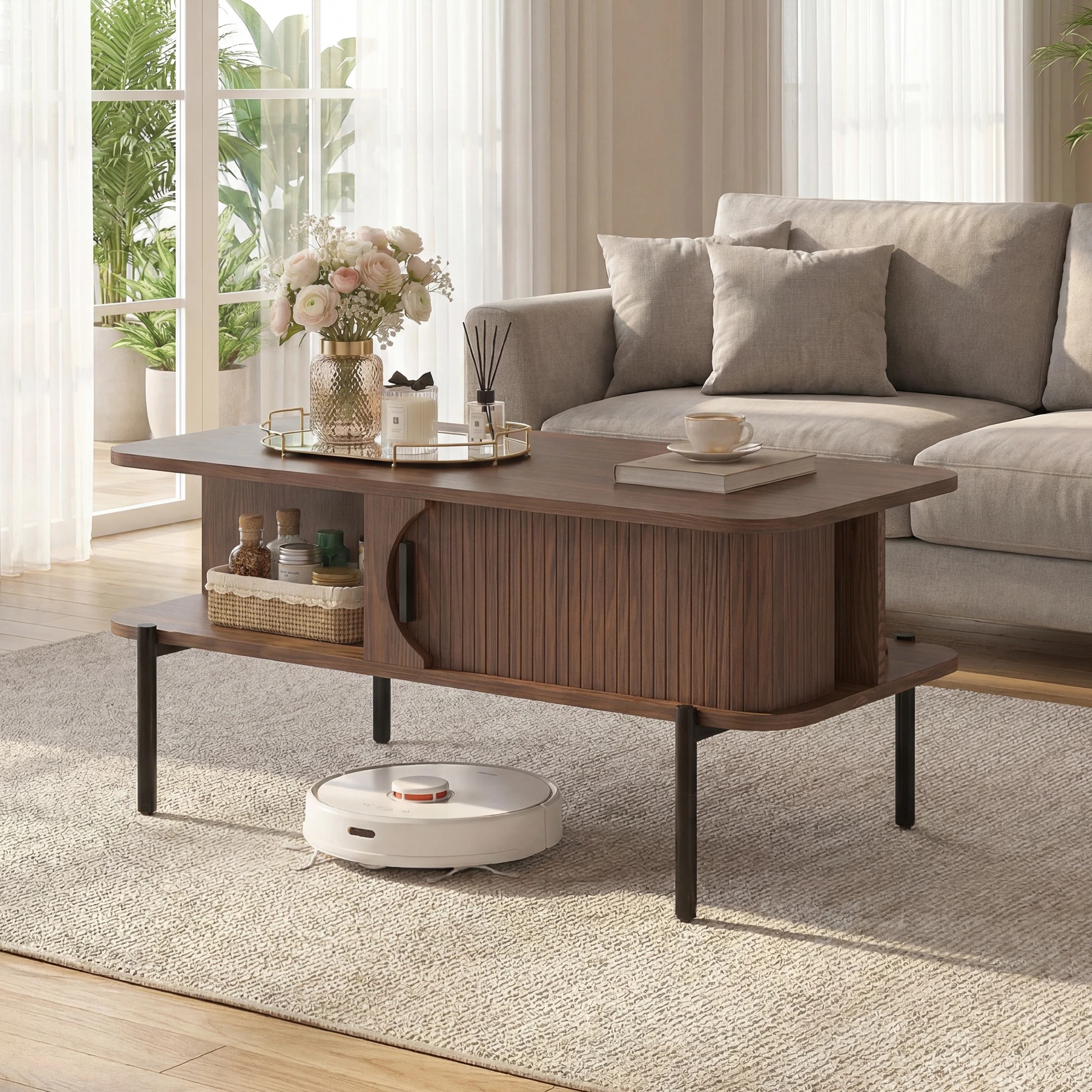 3 Advwin Coffee Table Fluted Center Table with Sliding Door - Brown, 3 of 6