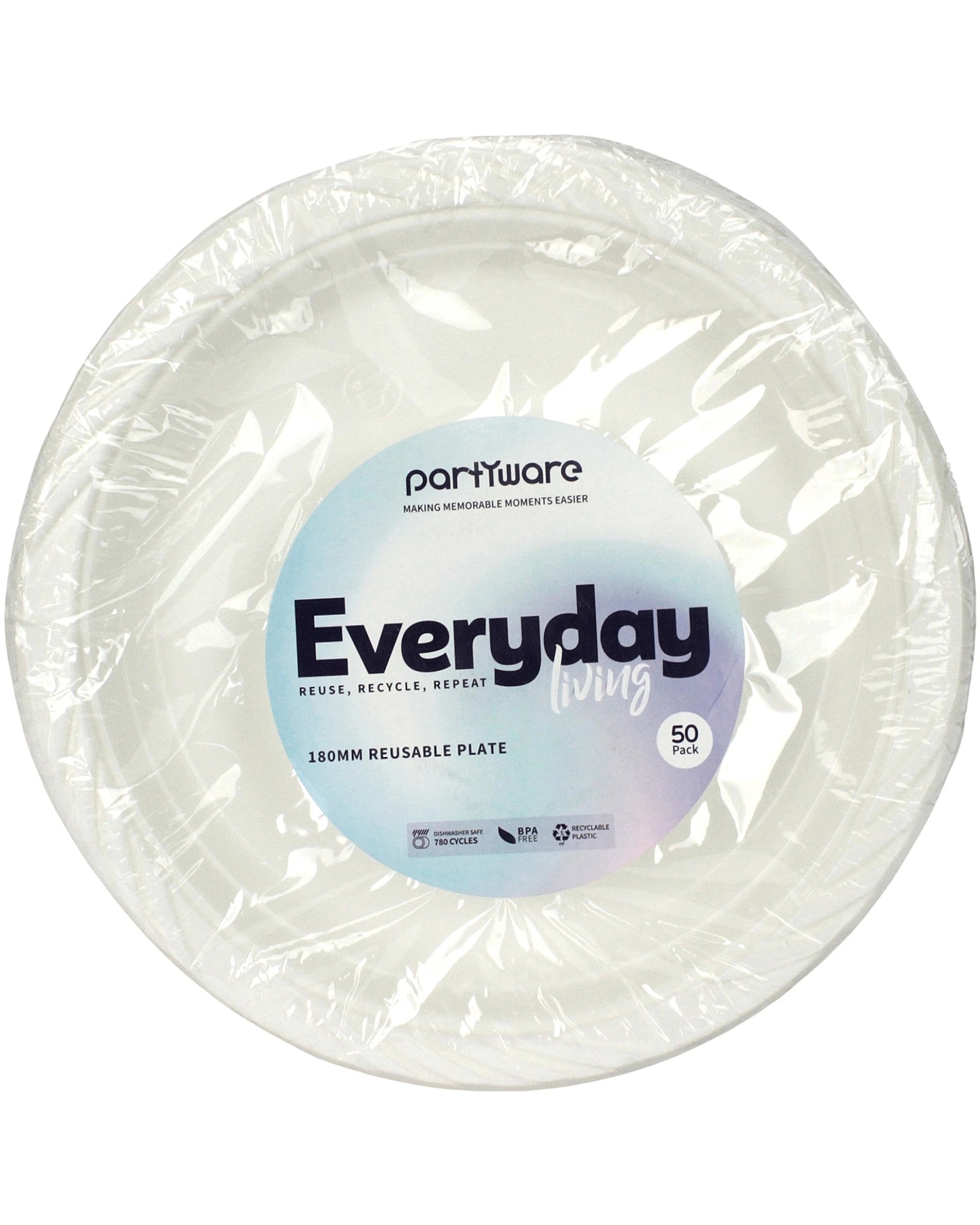 2 Partyware Everyday Living Reusable Plastic Dessert Plates Bulk Pack of 50 - White, 2 of 3
