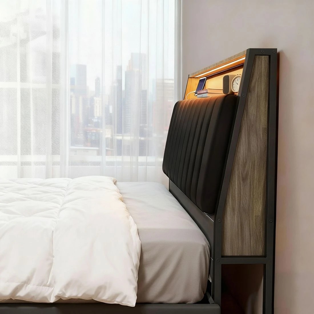 5 Artiss Double Bed Frame LED Storage Headboard with Charging Station - Black, 5 of 6