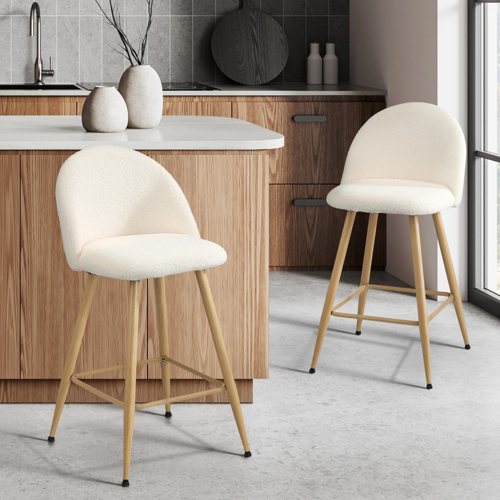 2 Oikiture 2x Bar Stools Kitchen Dining Chairs Counter Stool Boucle Padded Stools
 - Beige, 2 of 10