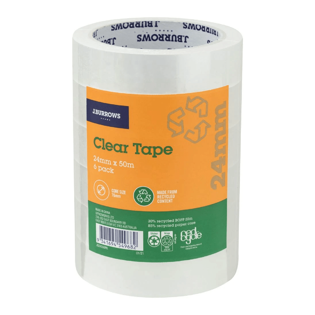 1 J.Burrows Clear Tape Roll 24mmX50m 6 Pack, 1 of 2