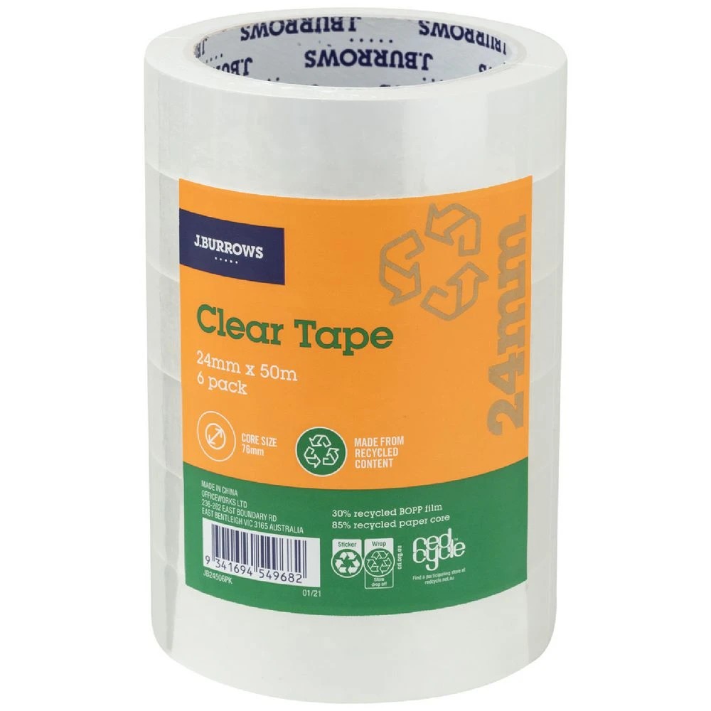 1 J.Burrows Clear Tape Roll 24mmX50m 6 Pack, 1 of 2