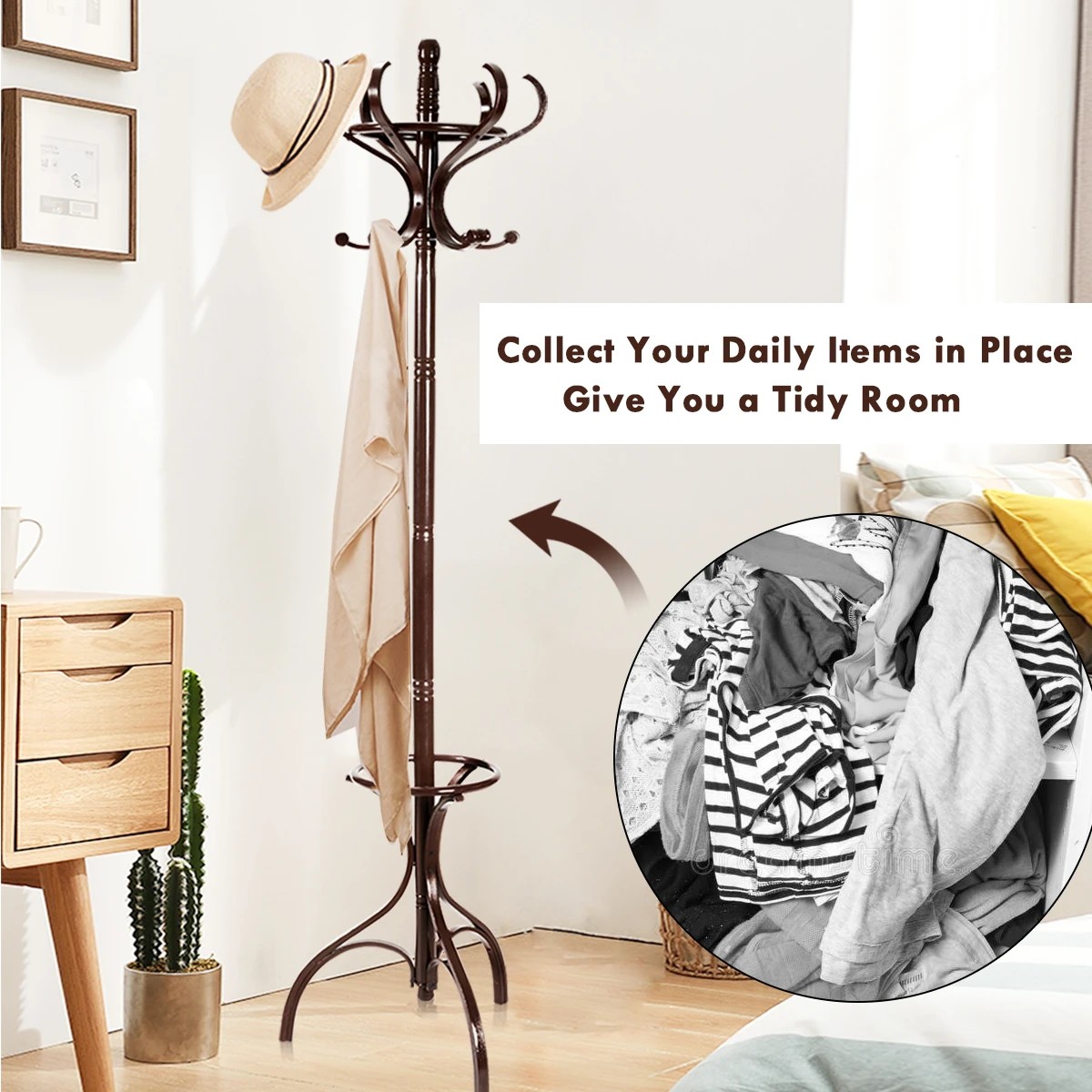 6 Costway Wood Coat Rack Hat Stand Clothes Hanger w/Umbrellar Holder & 12 Hooks 1.8M, 6 of 8
