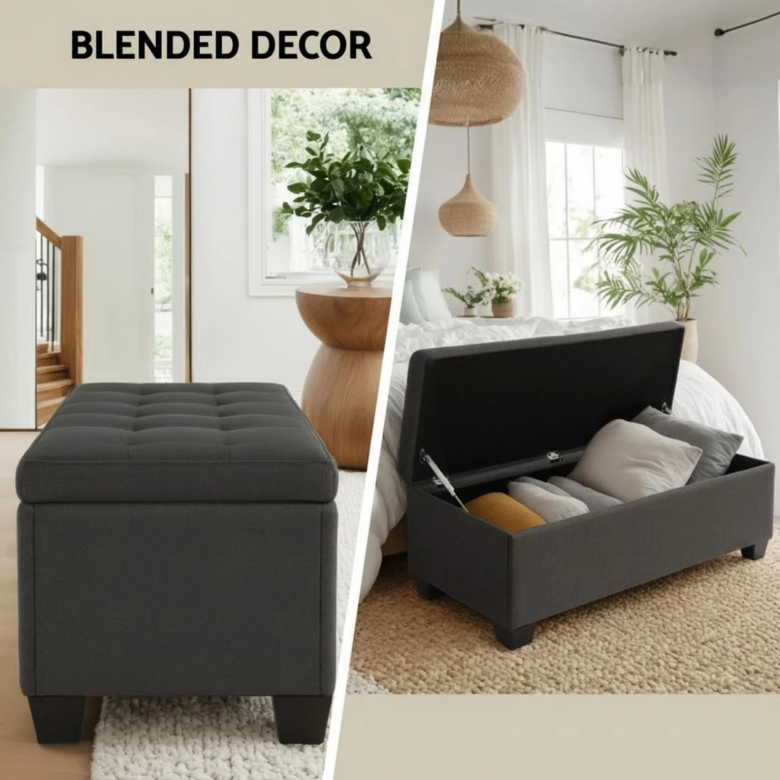 4 Artiss Storage Ottoman Blanket Box 97cm Linen - Charcoal, 4 of 7