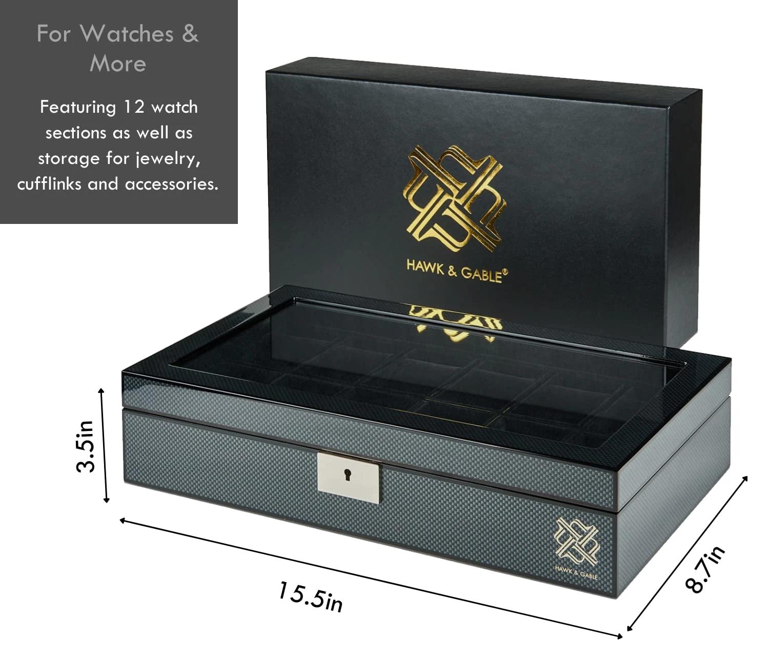 3 HAWK & GABLE 12 Slot Watch Box Organizer Luxury Jewellery Case BLACK, 3 of 8