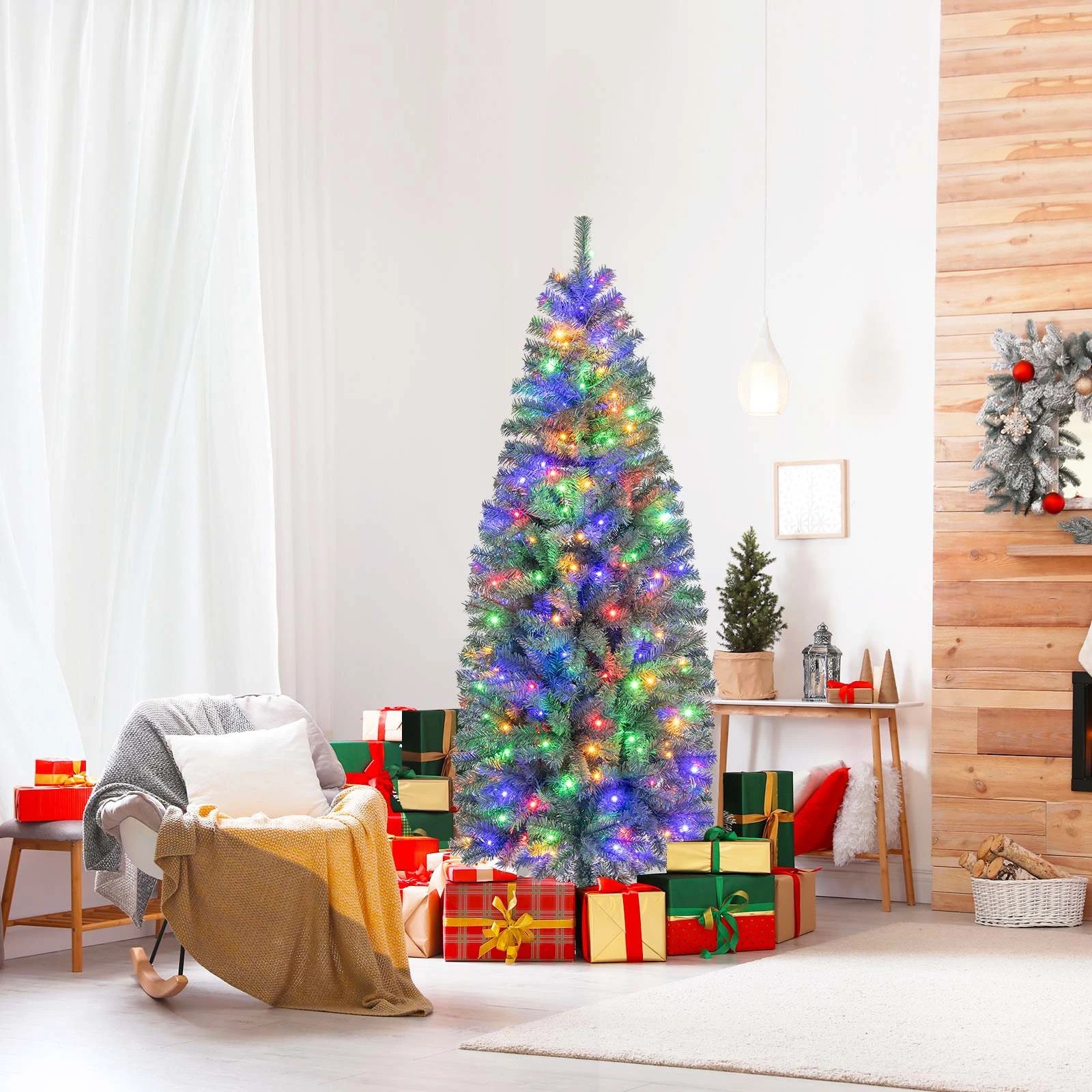 2 Costway 1.95M Pre-Lit Blue Artificial Christmas Tree Slim Pencil Holiday Tree 9 Modes LEDs, 2 of 2