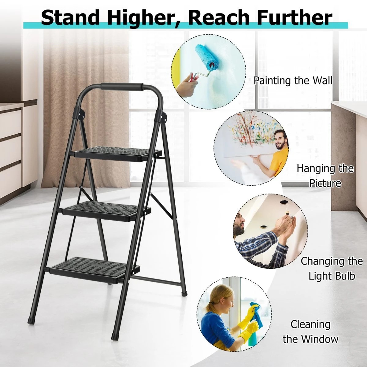 5 Costway 3 Steps Ladder Folding Step Stool Heavy-Duty Steel Ladder 150kg Load, 5 of 9