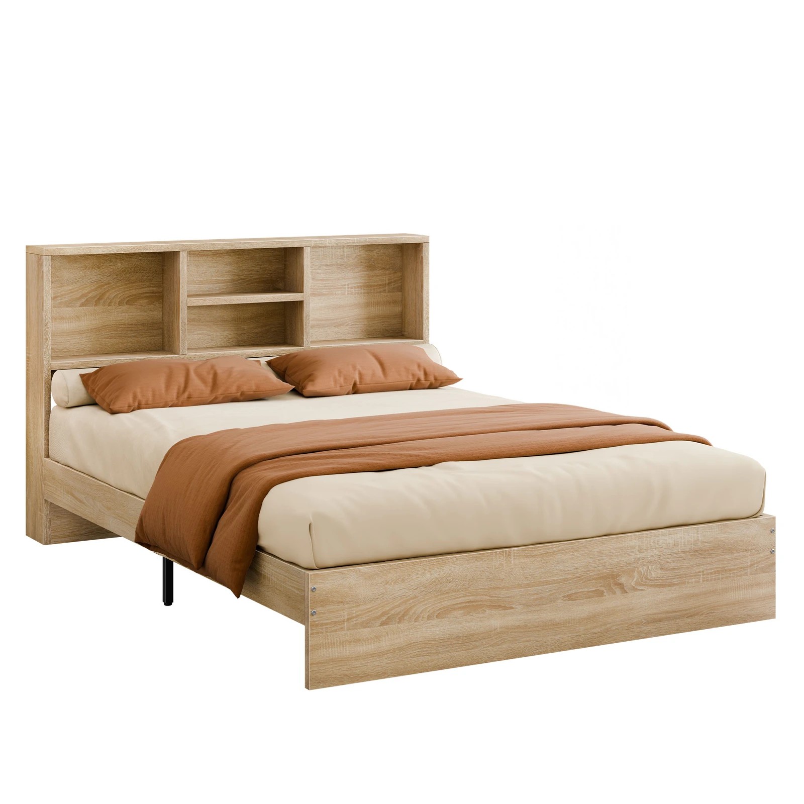 1 Alfordson Wooden Bed Frame Double Size Base with Bookshelf Storage Headboard - Oak, 1 of 10