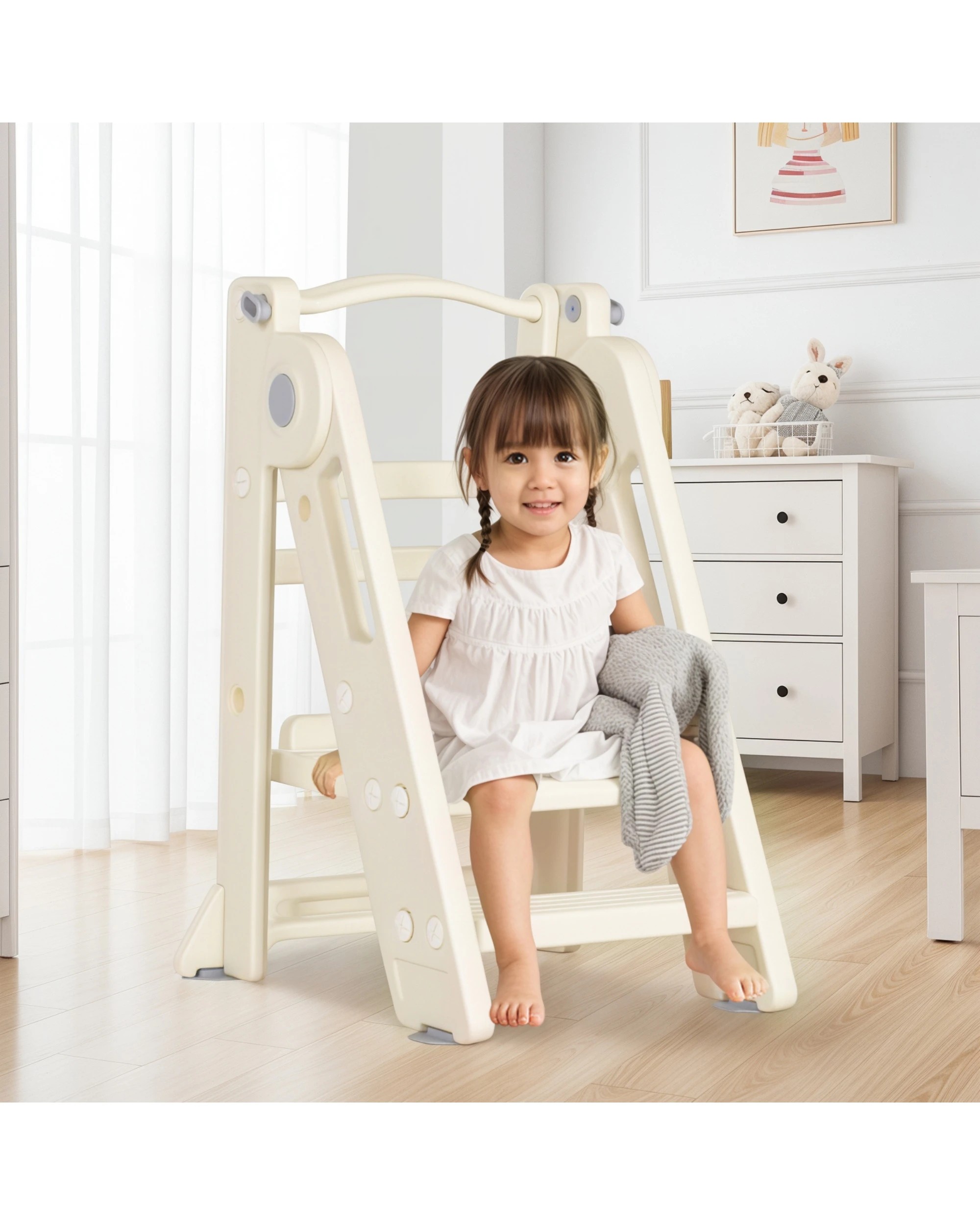 8 Advwin Foldable Kids Step Stool Adjustable Standing Tower Kitchen Helper with Safety Rail, 8 of 10