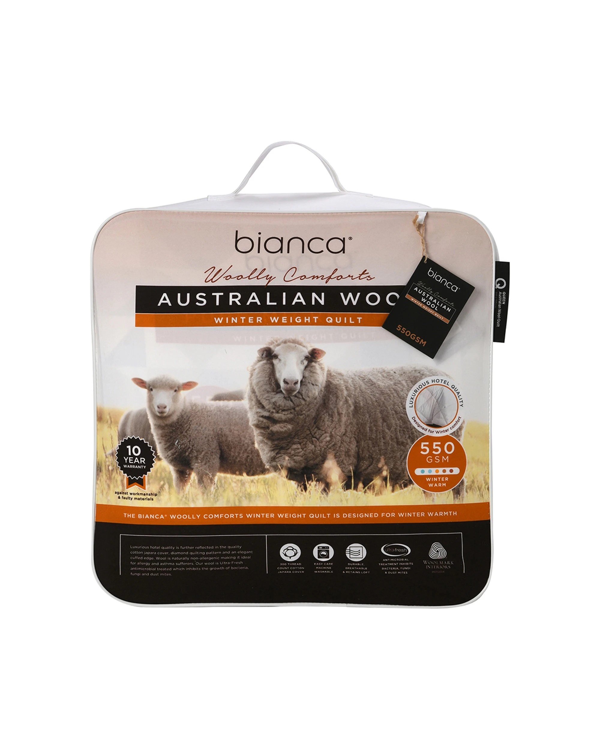 1 Bianca Woolly Comforts Australian Wool Quilt 550gsm - Single Bed - White, 1 of 2