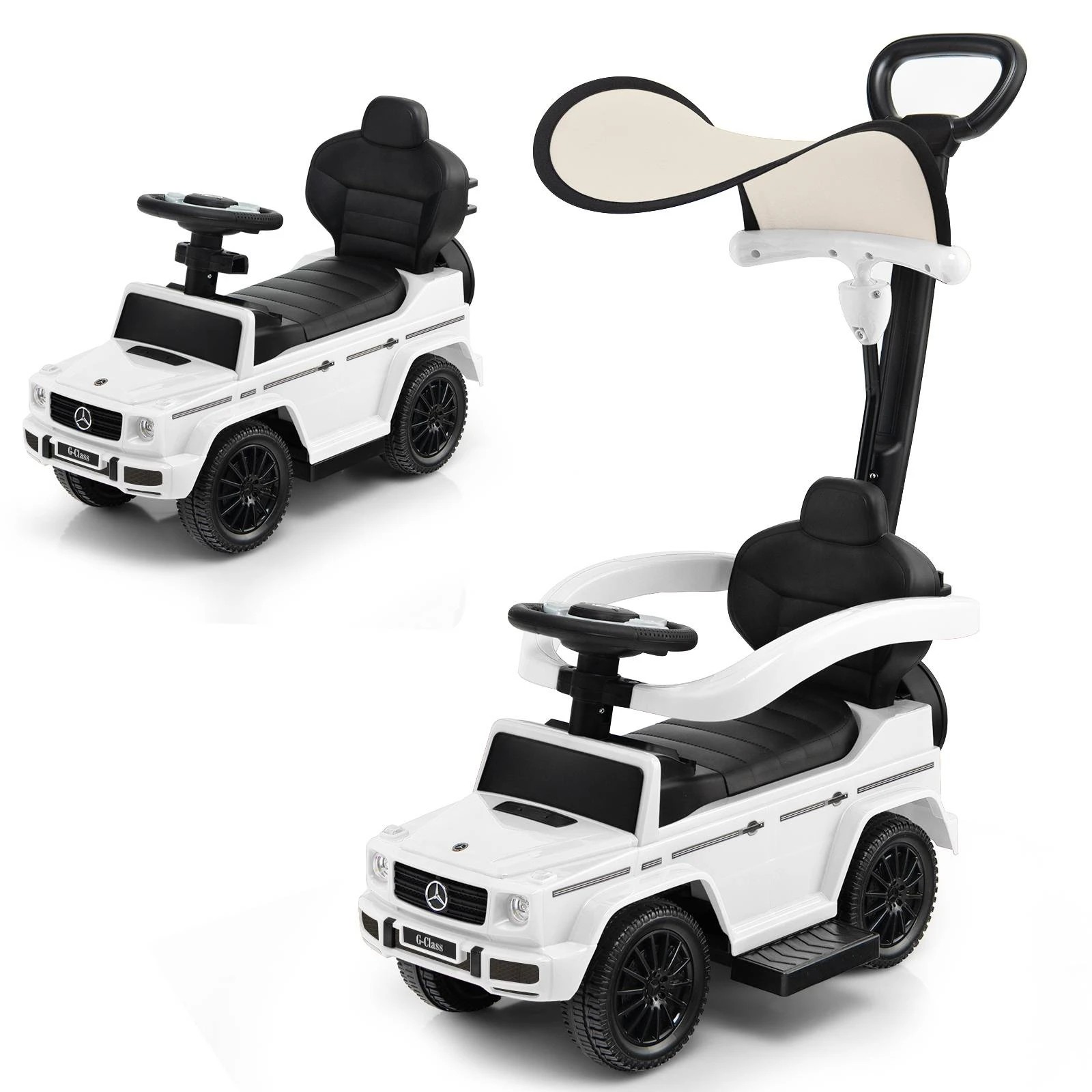 1 Costway Licensed Mercedes Benz Ride on Push Car w/Adjustable Canopy - White, 1 of 2