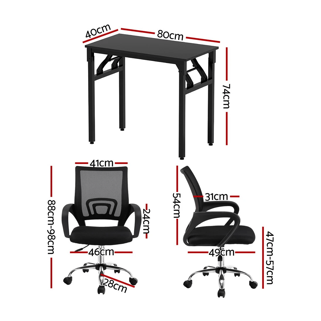 2 Artiss Computer Desk Mesh Office Chair Set Foldable Home Study Table - Black, 2 of 6