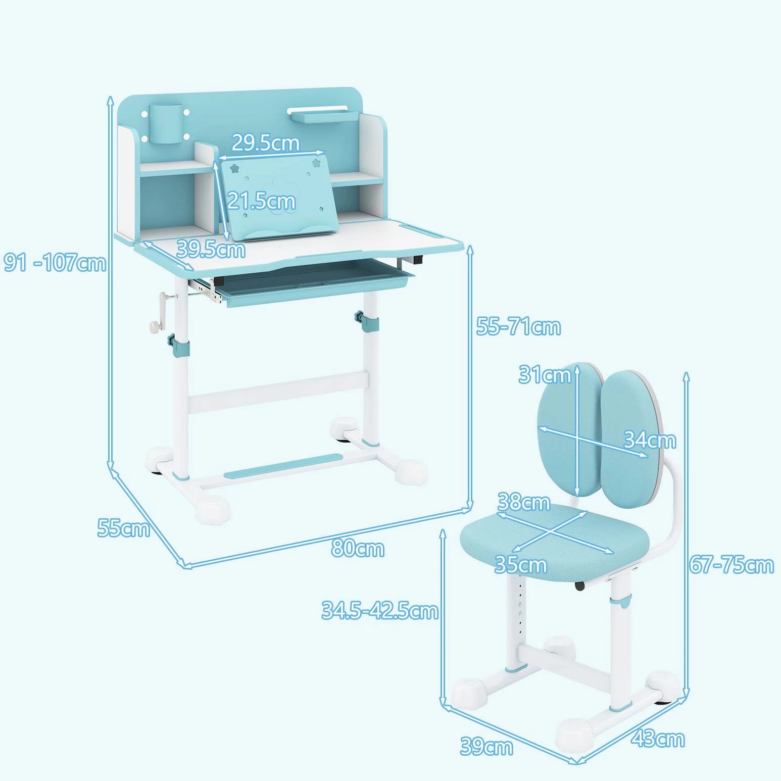 3 Costway Tilt Study Desk & Chair Set Adjustable Writing Table Chair - Blue, 3 of 3