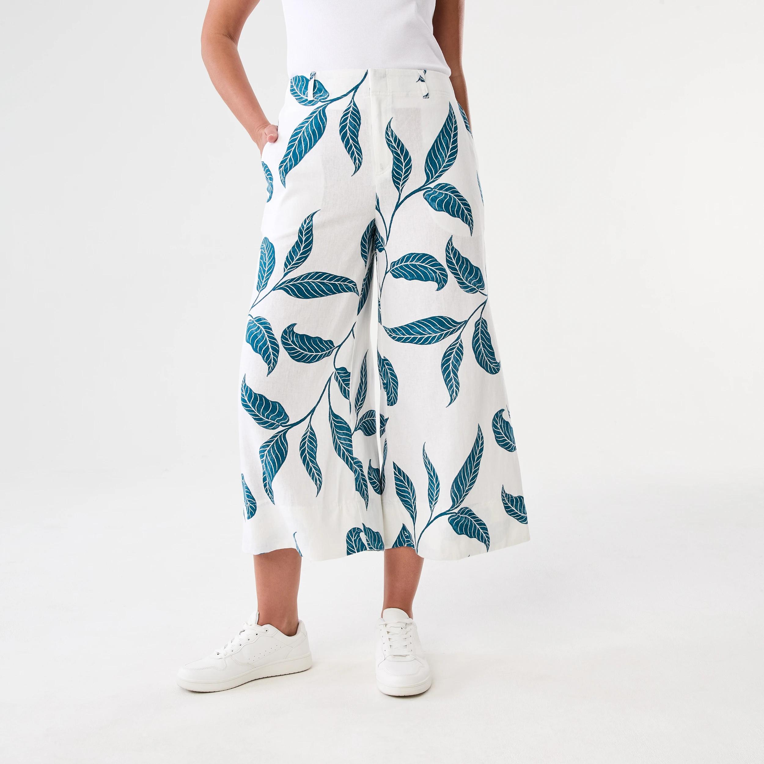 1 Printed Linen Blend Pants Teal Leaf, 1 of 5