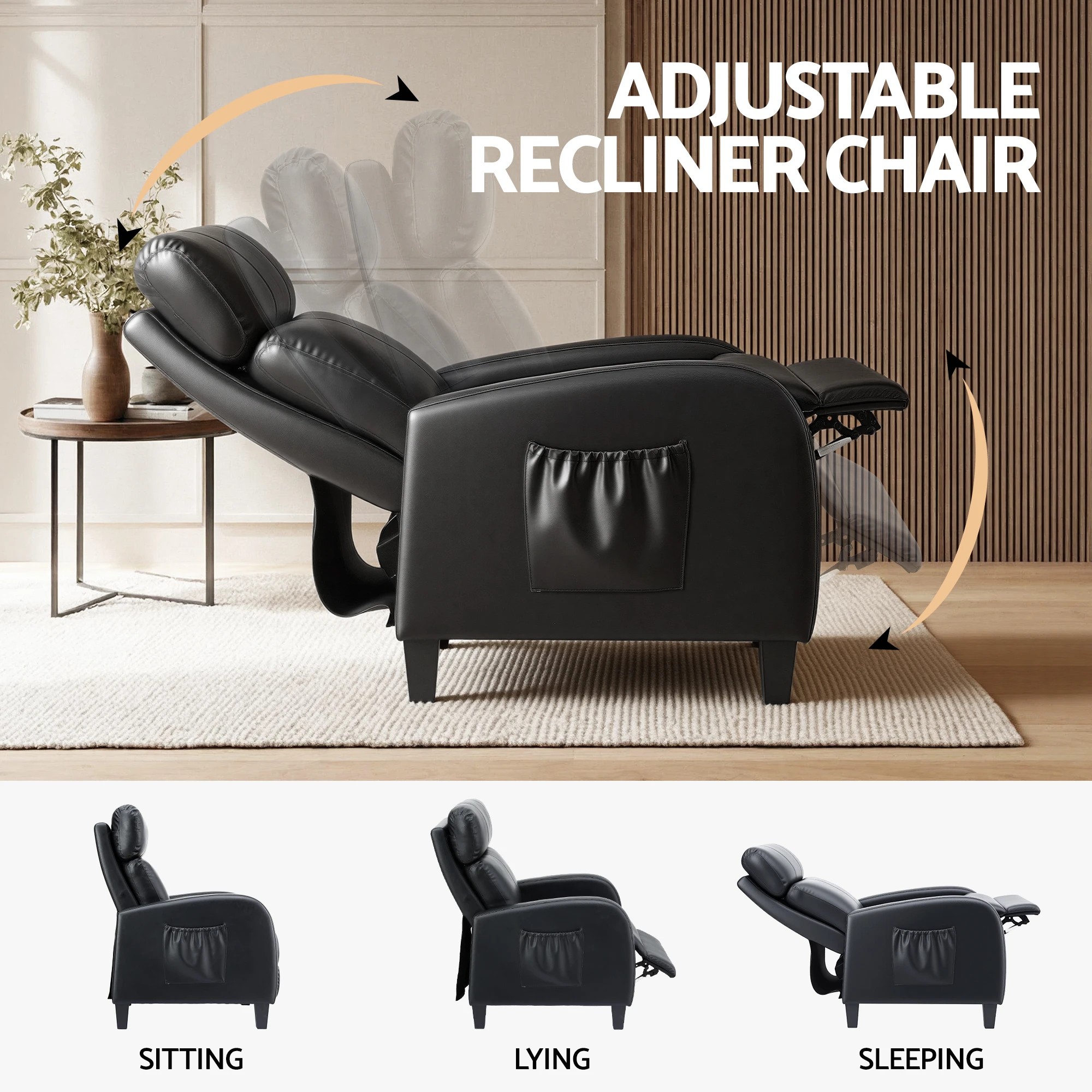 2 Artiss Massage Recliner Chair Small Recliner Sofa for Adults PU Leather - Black, 2 of 6