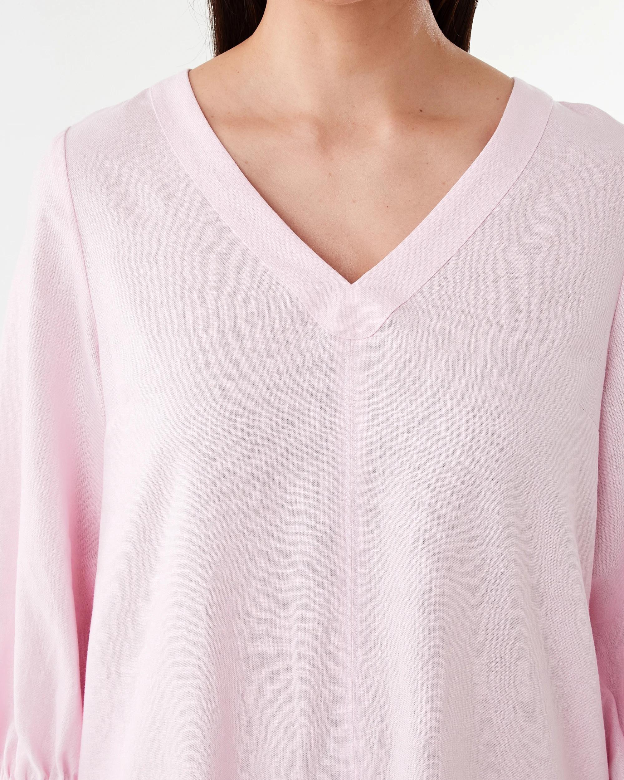 4 Long Sleeve Linen Blend V-Neck Mini Dress Bllet Pink, 4 of 7