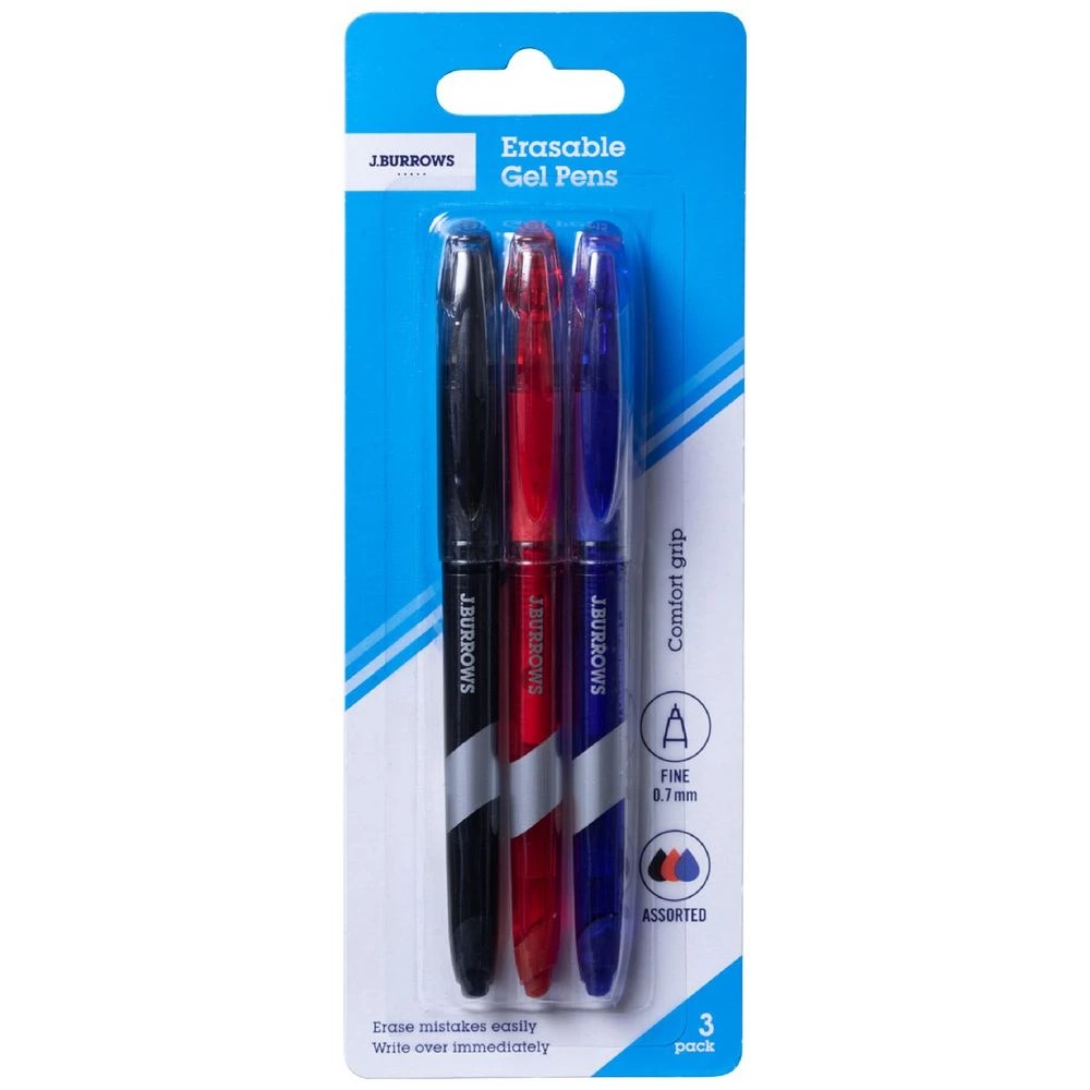 1 J.Burrows Erasable Gel Pens 0.7mm Assorted 3 Pack, 1 of 3