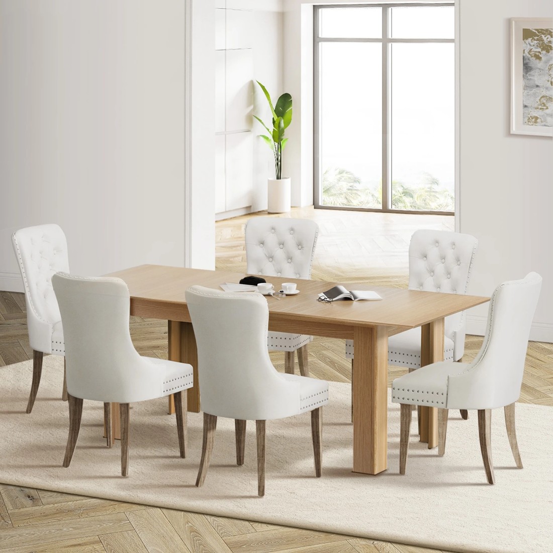 2 Oikiture 200cm Extendable Dining Table With 6pcs Dining Chairs Velvet
 - Multi, 2 of 10