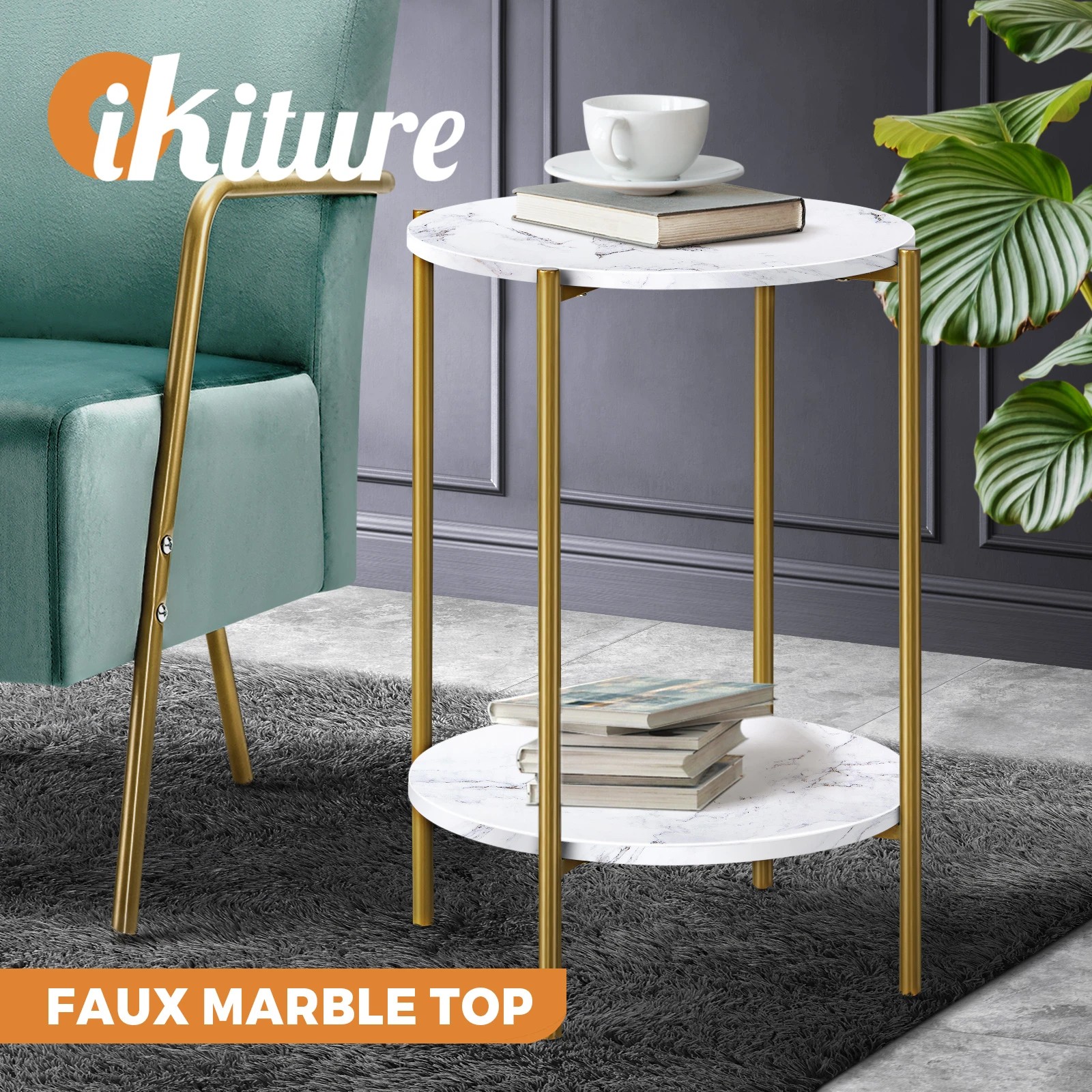 2 Oikiture Side End Table Coffee Sofa Bedside Nightstand Marble-like Round
 - Multi, 2 of 8