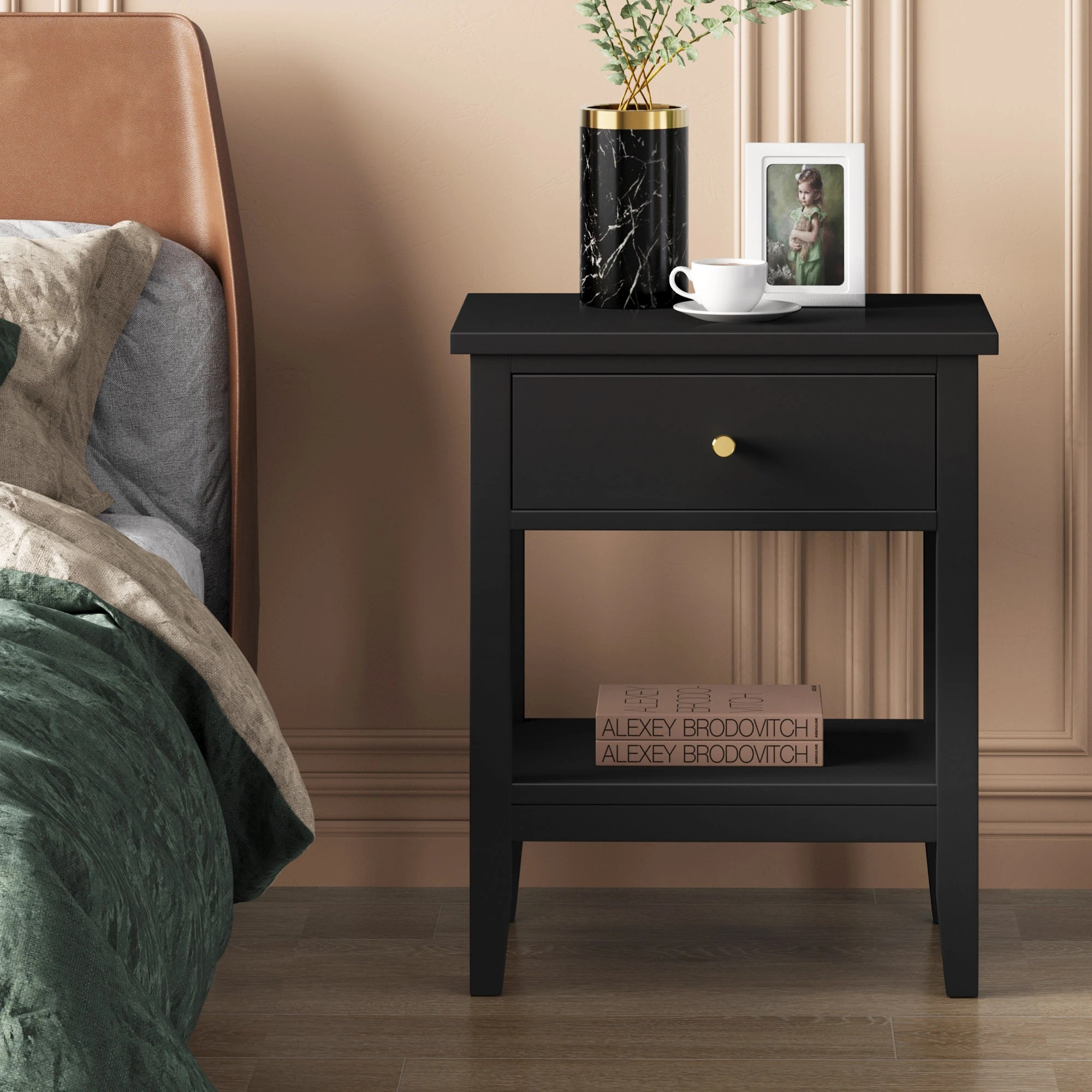 4 Alfordson Bedside Table Hamptons Nightstand Storage Side End 1 Drawer - Black, 4 of 10
