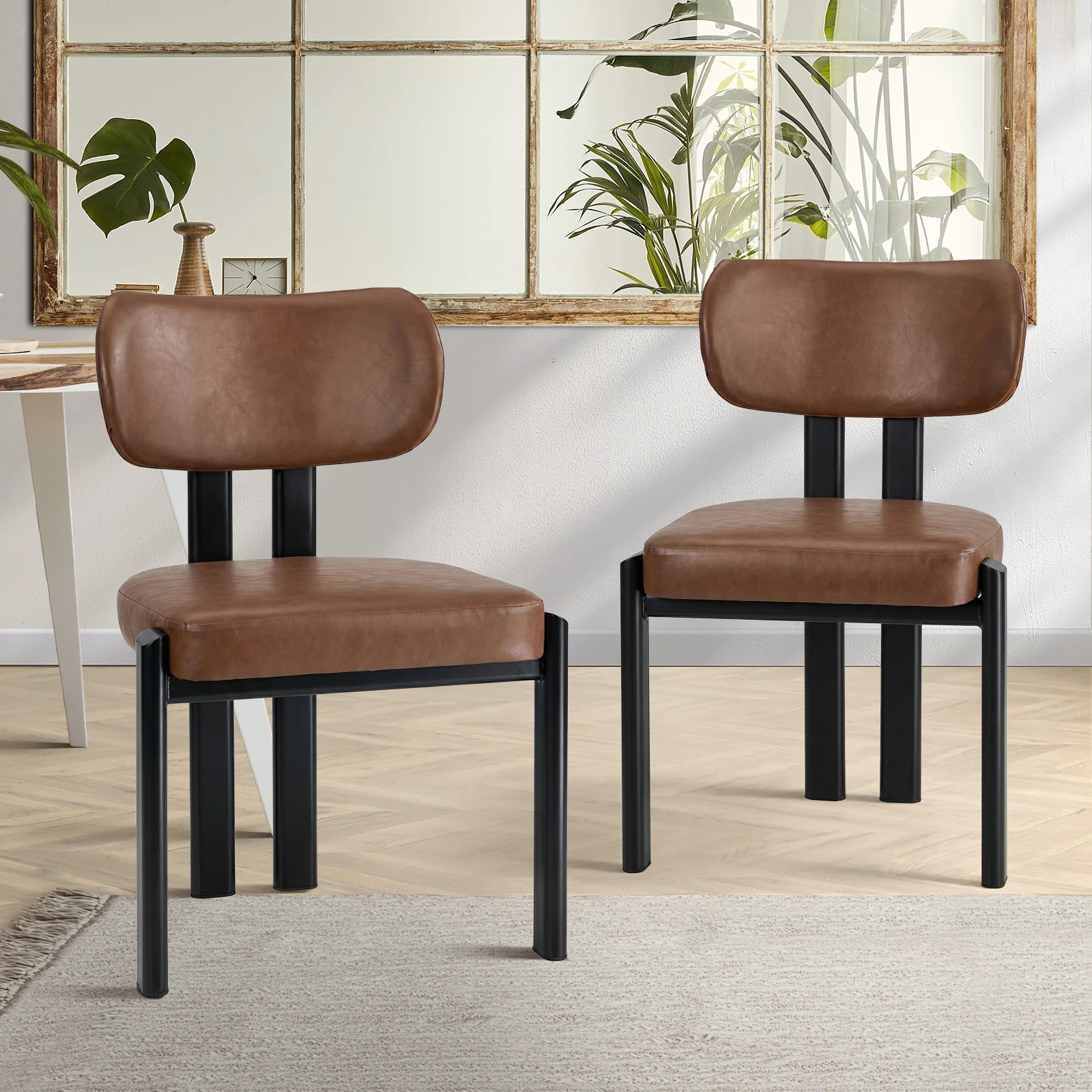 3 Oikiture Set of 2 Dining Chairs Faux Leather Fabric Kitchen Chair Padded Seat - Brown, 3 of 9