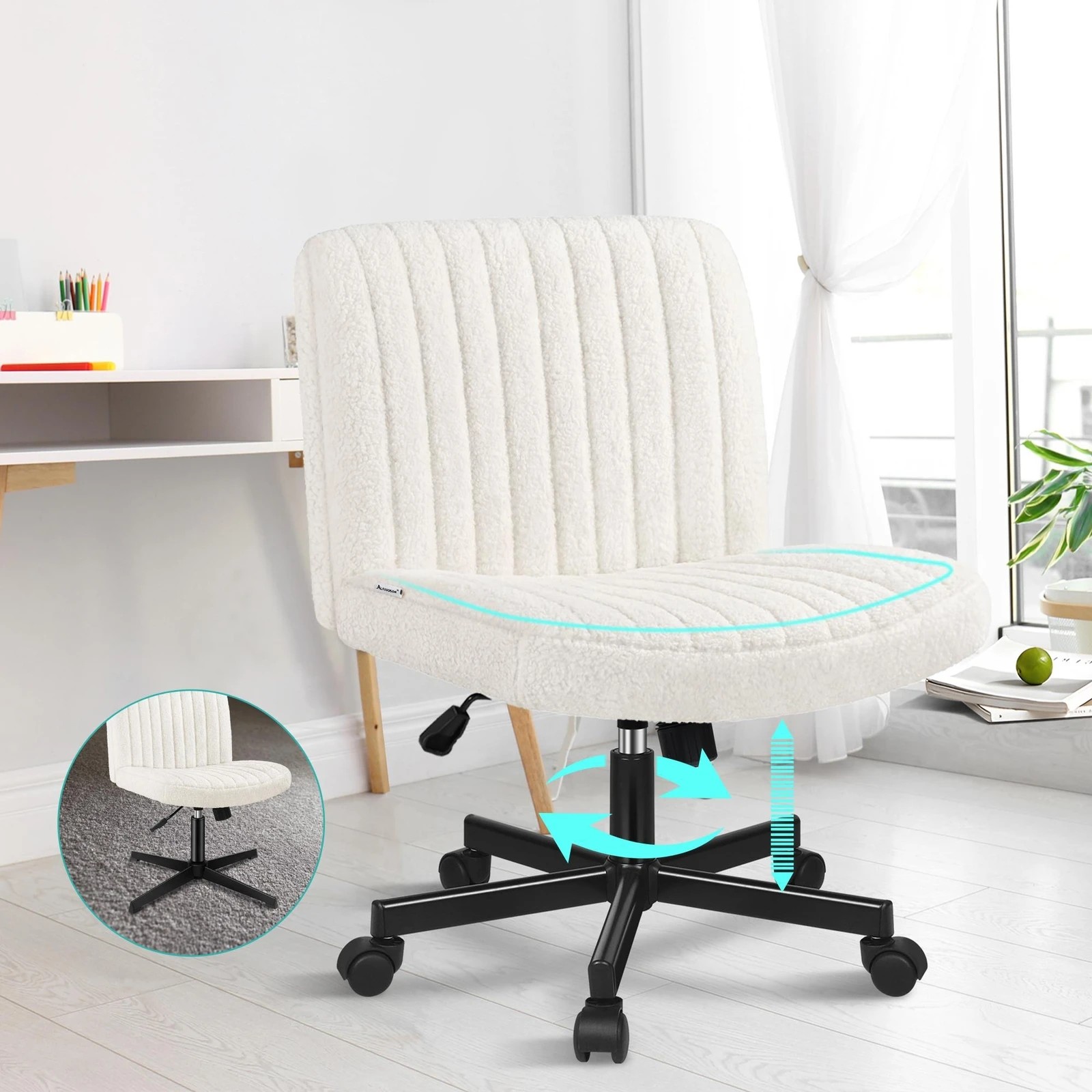 4 Alfordson Office Desk Chair Computer Armless Wide Seat Mid Back Boucle - White, 4 of 9