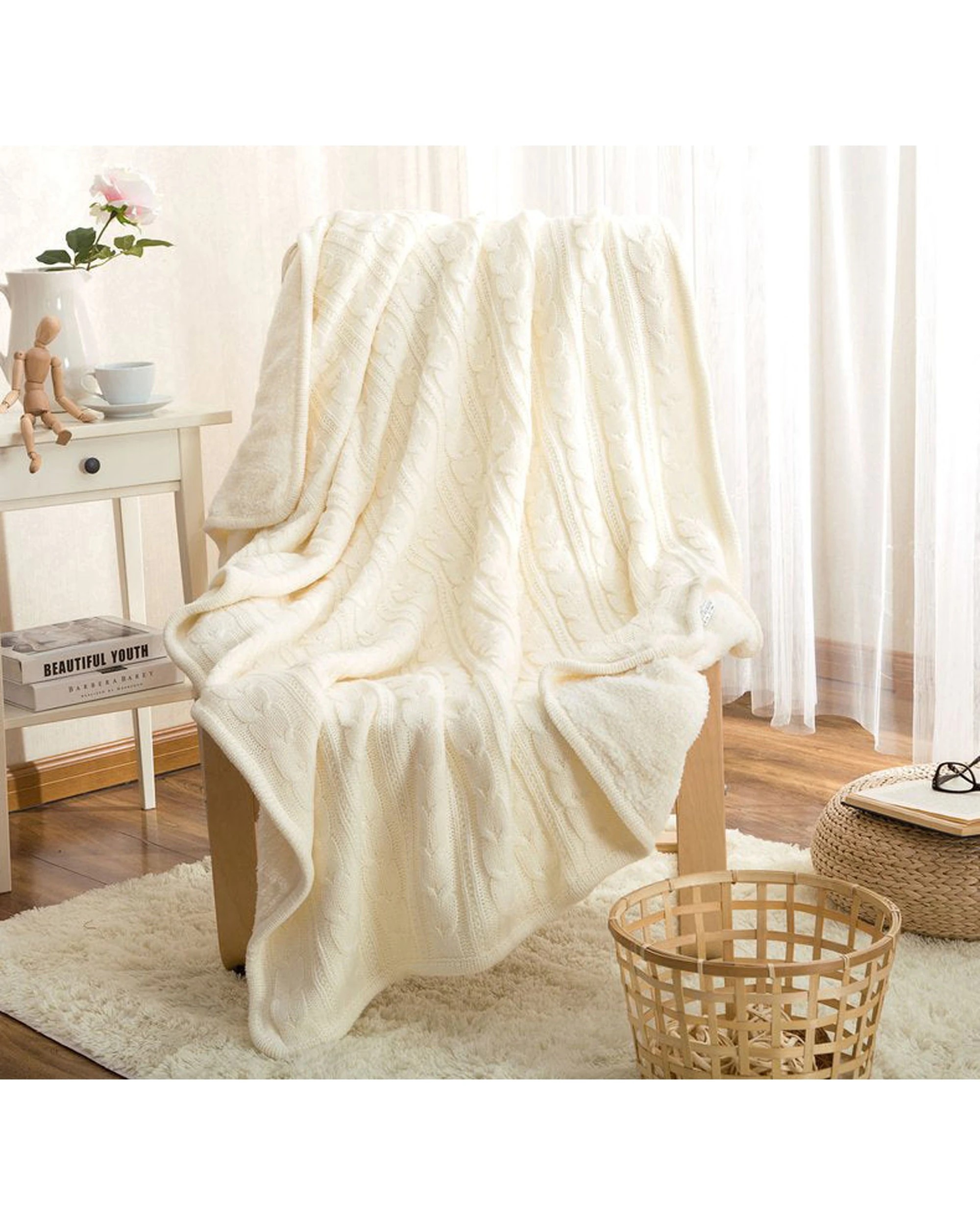2 Cotton More Knitted Sherpa Blanket Throw 180x120cm Cream - Beige, 2 of 2